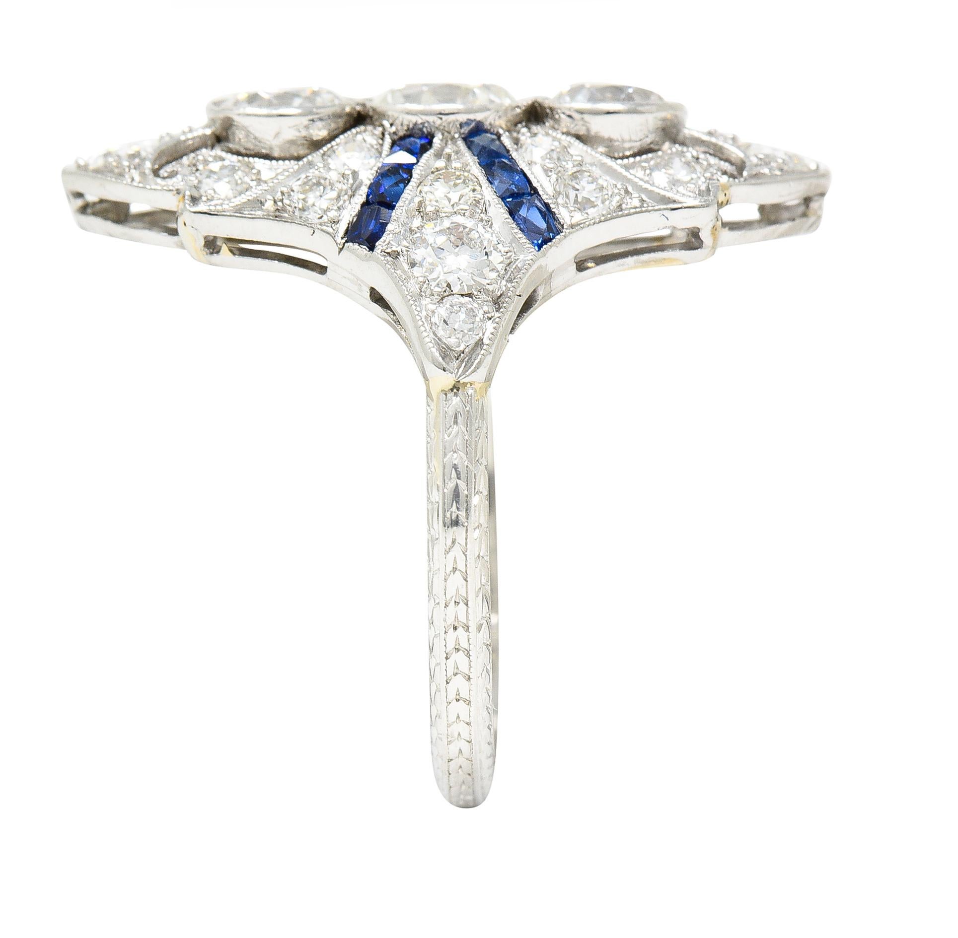 Art Deco 2.45 Carat Old European Cut Diamond French Cut Sapphire Platinum Ring 6