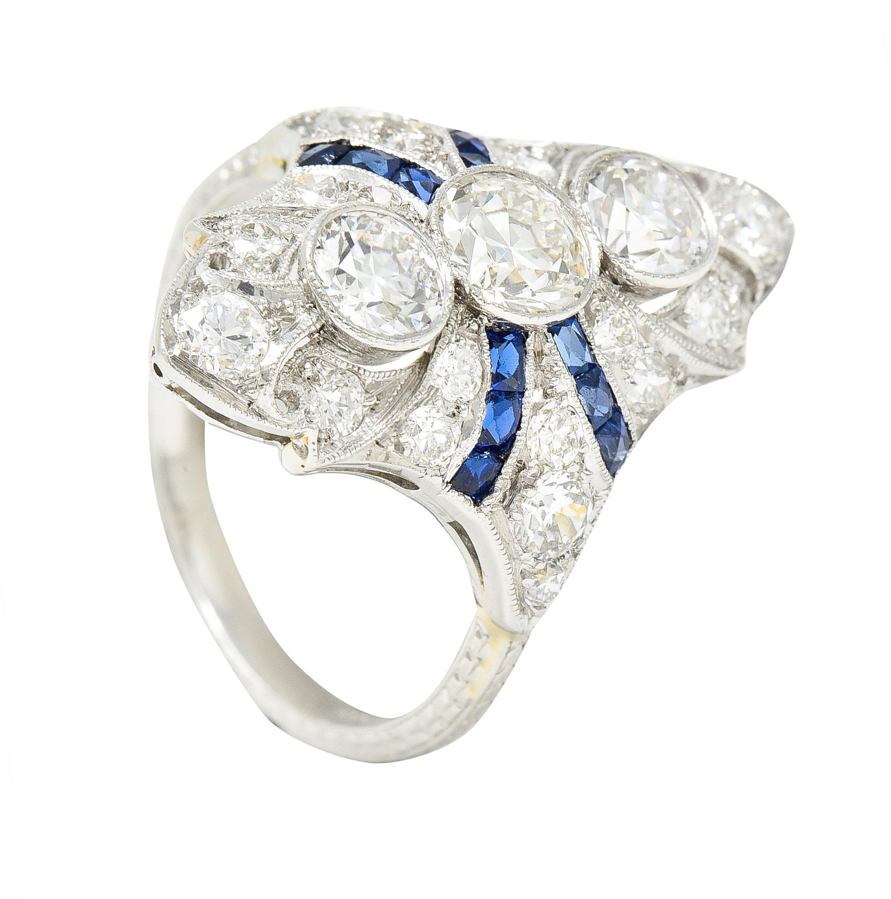 Art Deco 2.45 Carat Old European Cut Diamond French Cut Sapphire Platinum Ring 7