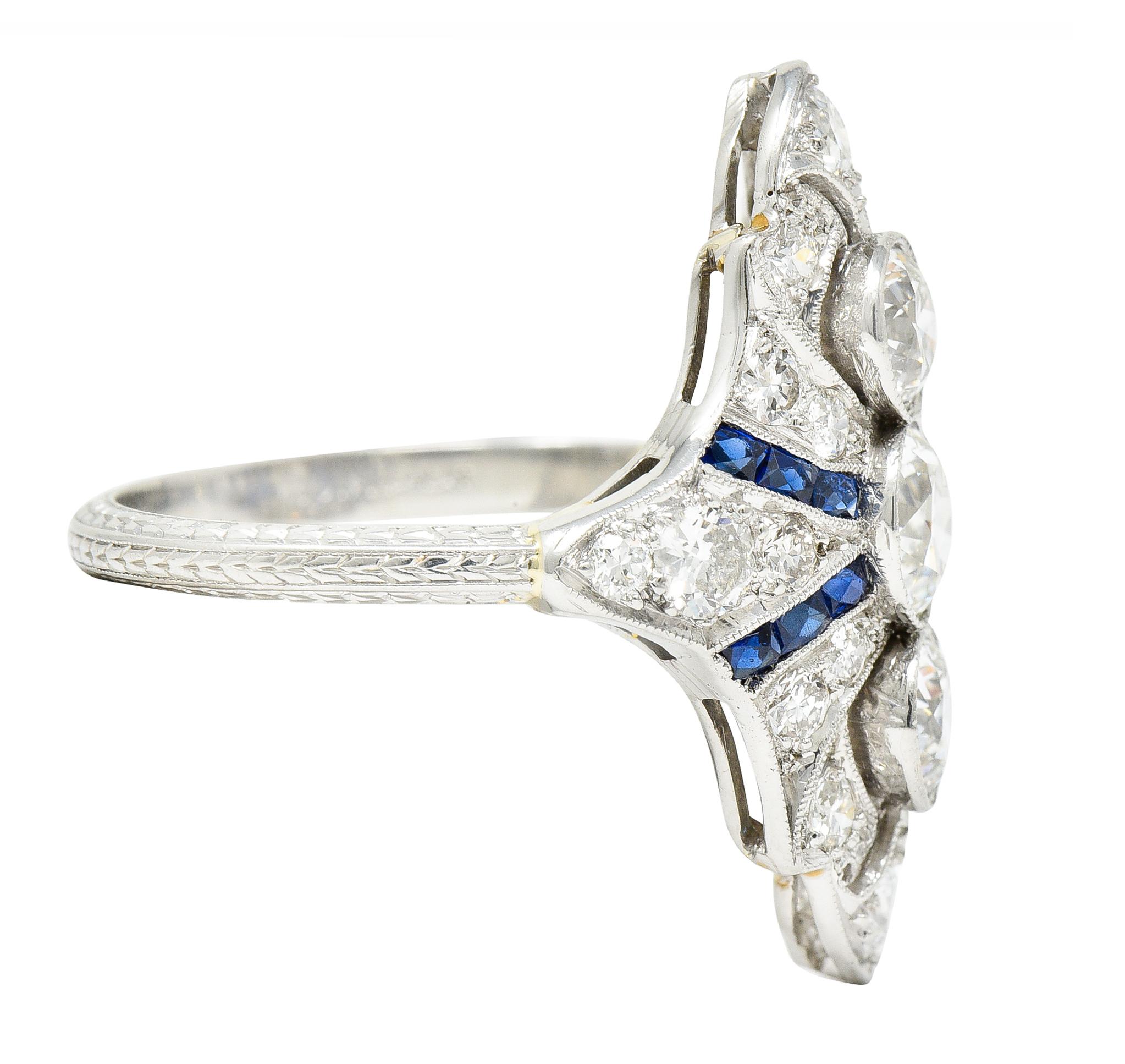 Art Deco 2.45 Carat Old European Cut Diamond French Cut Sapphire Platinum Ring In Excellent Condition In Philadelphia, PA