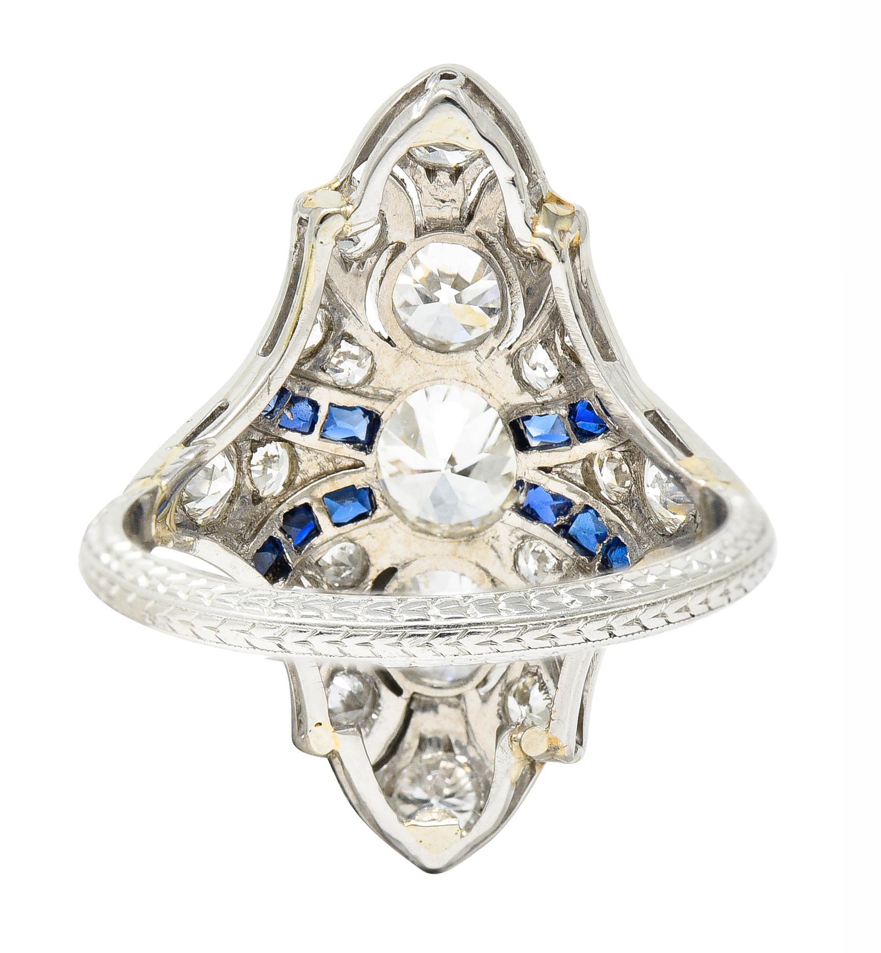 Women's or Men's Art Deco 2.45 Carat Old European Cut Diamond French Cut Sapphire Platinum Ring