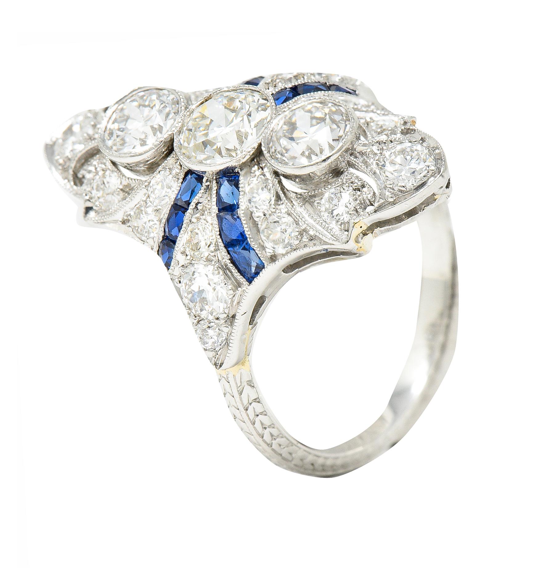 Art Deco 2.45 Carat Old European Cut Diamond French Cut Sapphire Platinum Ring 4