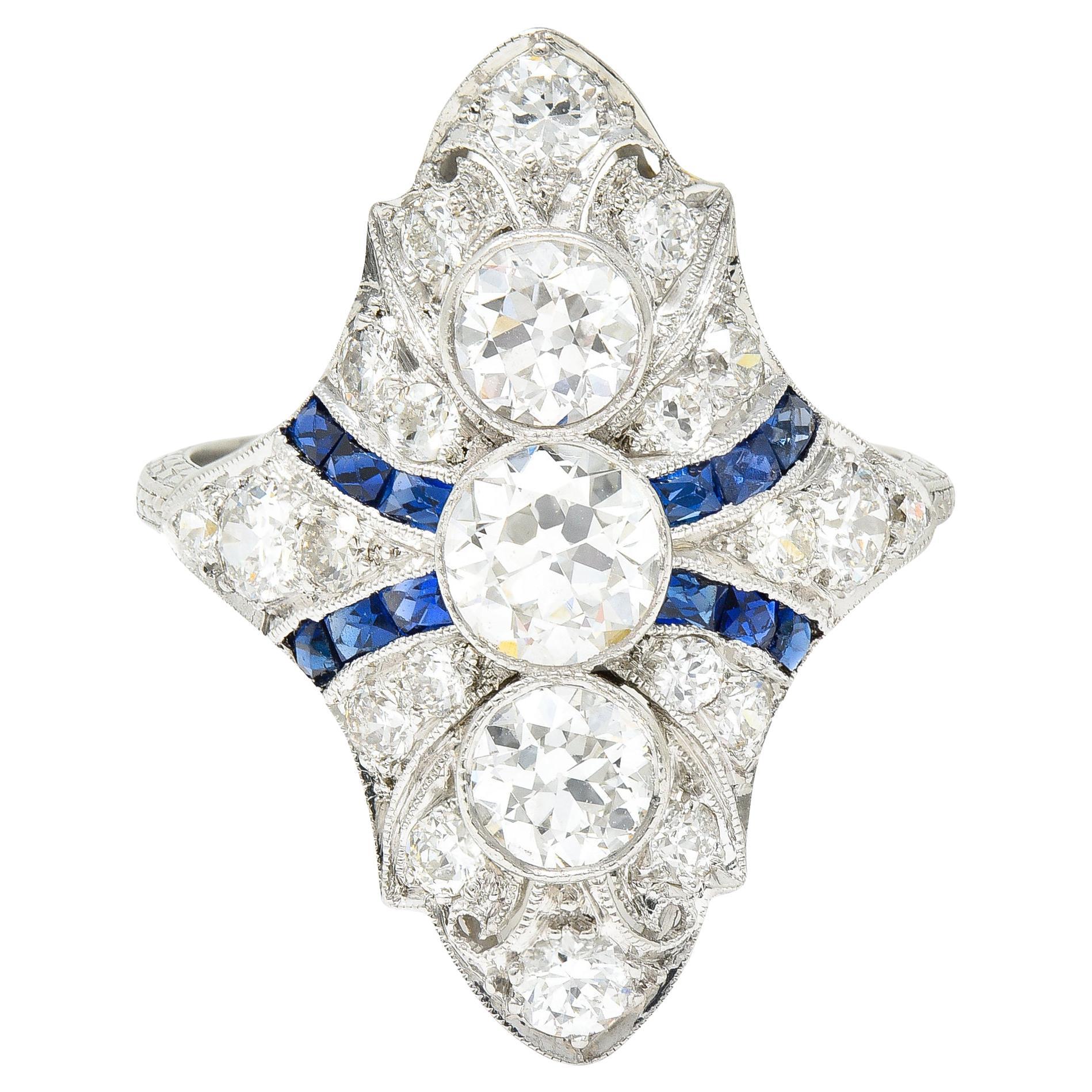 Art Deco 2.45 Carat Old European Cut Diamond French Cut Sapphire Platinum Ring
