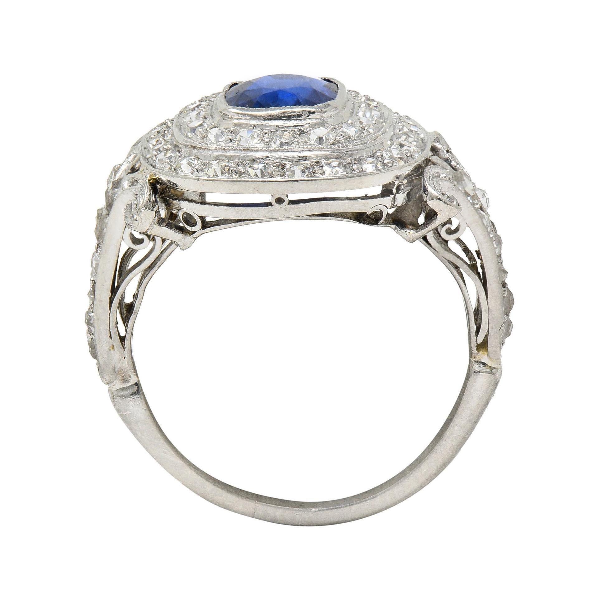 Art Deco 2,45 CTW unbehandelter Burma Saphir Diamant Platin Vintage Halo Ring GIA im Angebot 4