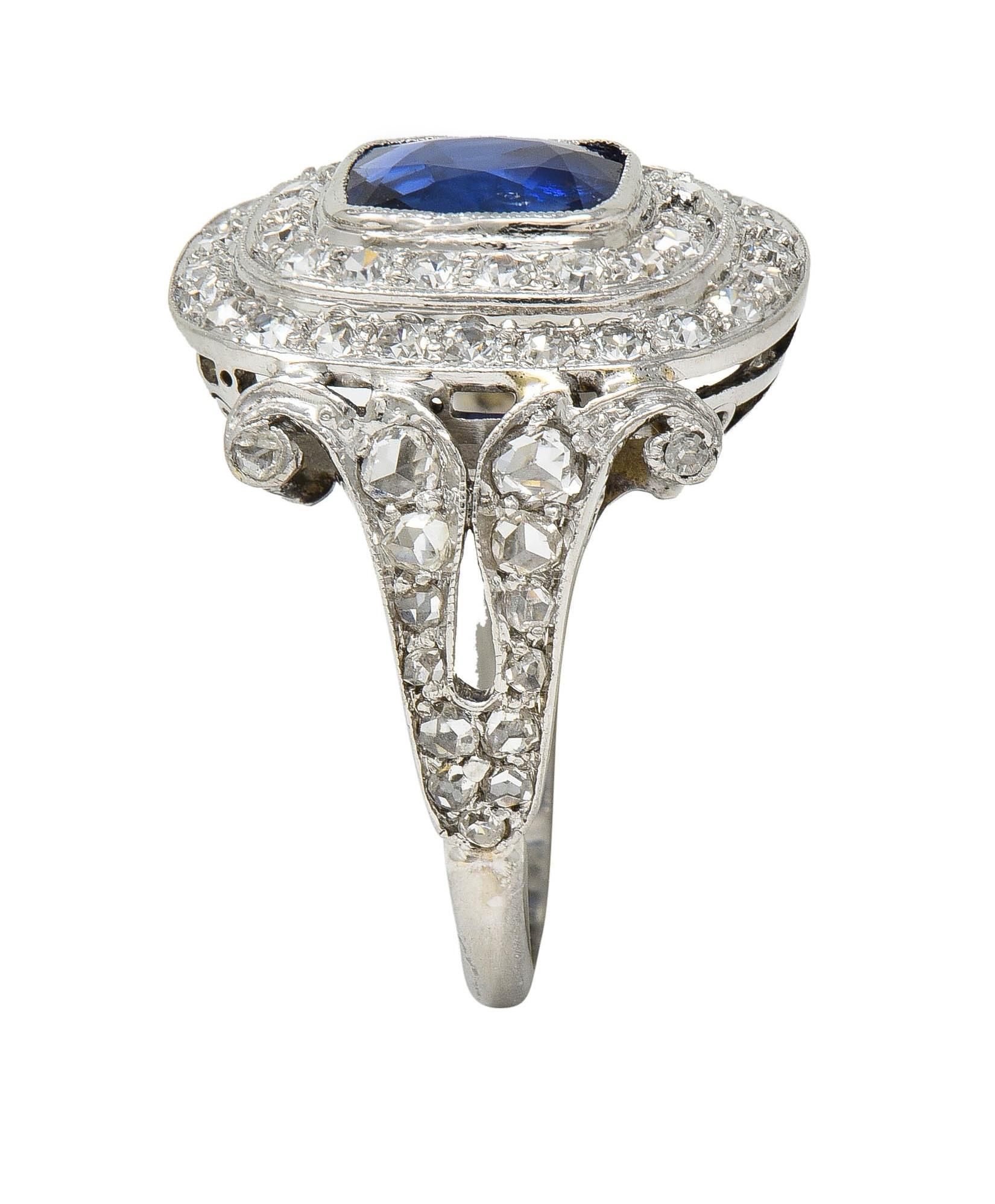 Art Deco 2.45 CTW No Heat Burma Sapphire Diamond Platinum Vintage Halo Ring GIA For Sale 6