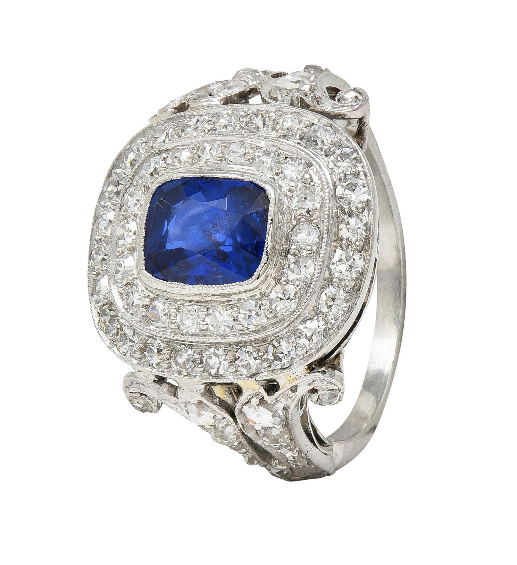 Art Deco 2,45 CTW unbehandelter Burma Saphir Diamant Platin Vintage Halo Ring GIA im Angebot 6