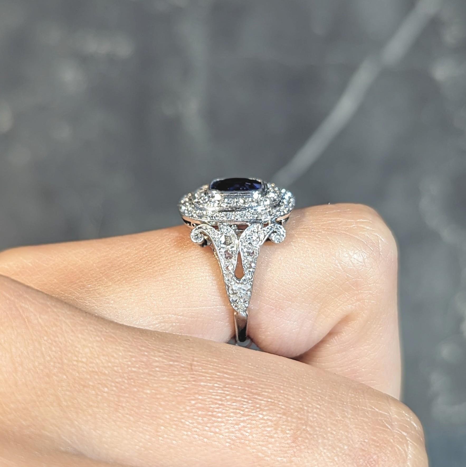 Art Deco 2,45 CTW unbehandelter Burma Saphir Diamant Platin Vintage Halo Ring GIA im Angebot 7