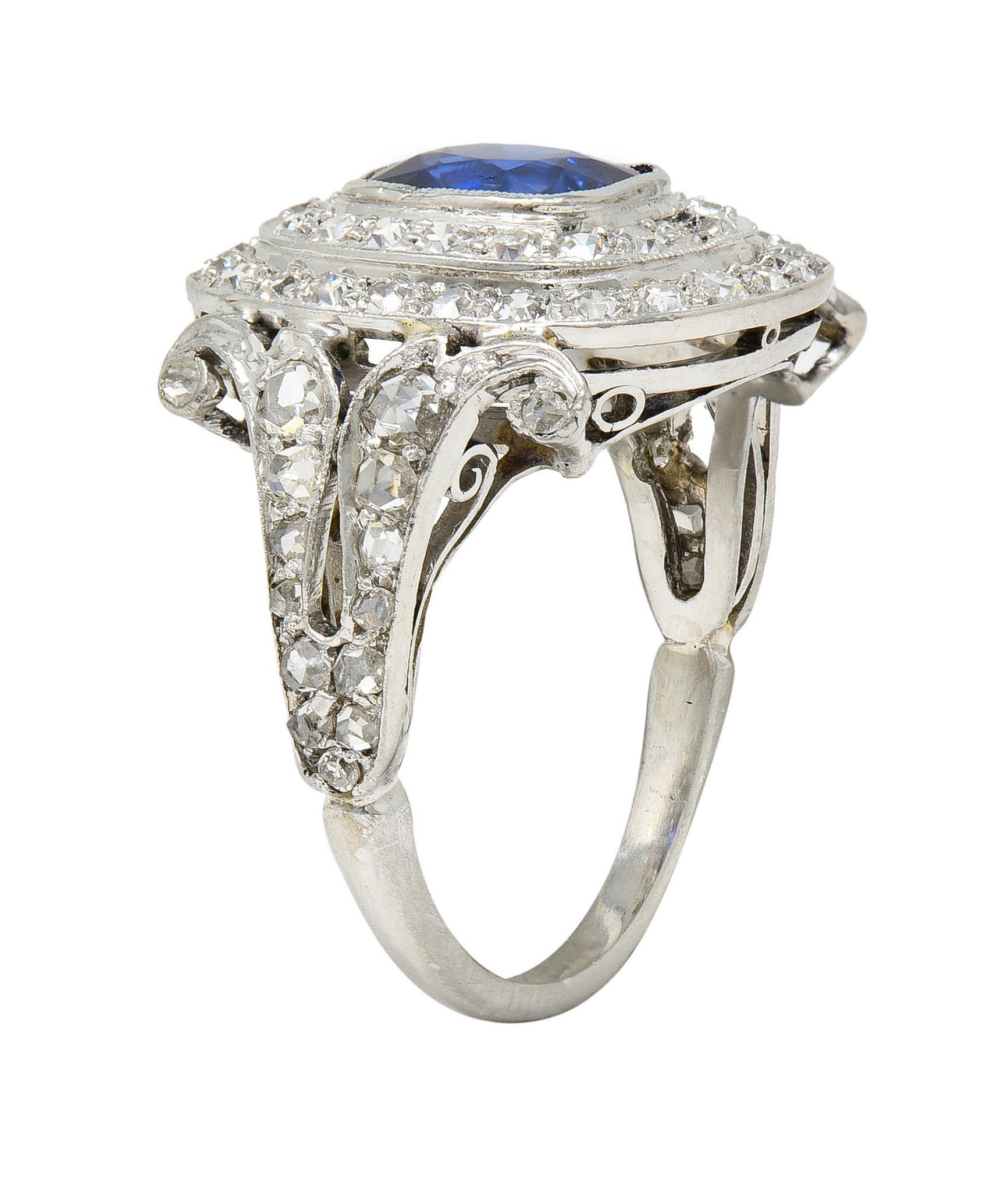 Art Deco 2.45 CTW No Heat Burma Sapphire Diamond Platinum Vintage Halo Ring GIA In Excellent Condition For Sale In Philadelphia, PA