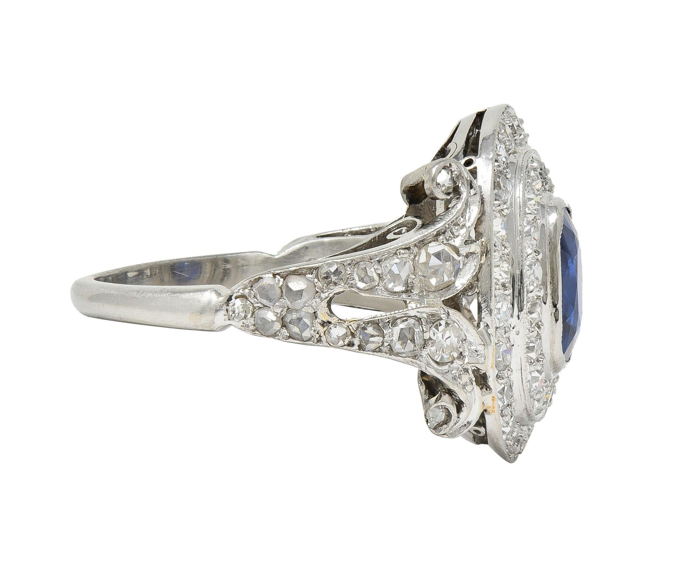 Women's or Men's Art Deco 2.45 CTW No Heat Burma Sapphire Diamond Platinum Vintage Halo Ring GIA For Sale