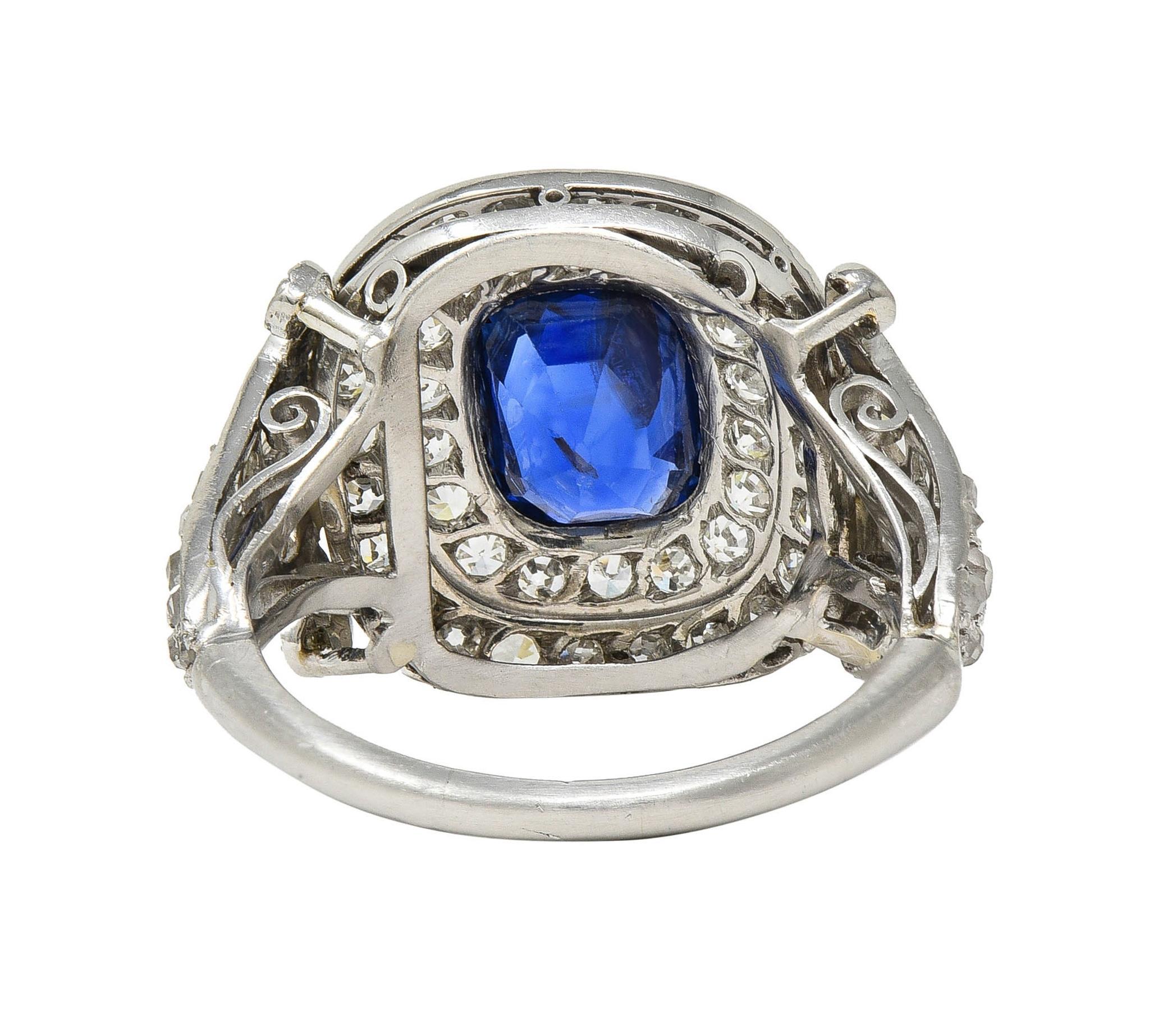 Art Deco 2.45 CTW No Heat Burma Sapphire Diamond Platinum Vintage Halo Ring GIA For Sale 1