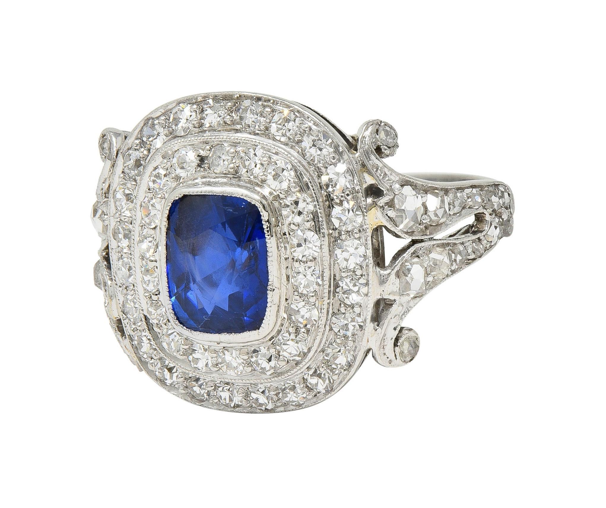 Art Deco 2.45 CTW No Heat Burma Sapphire Diamond Platinum Vintage Halo Ring GIA For Sale 3