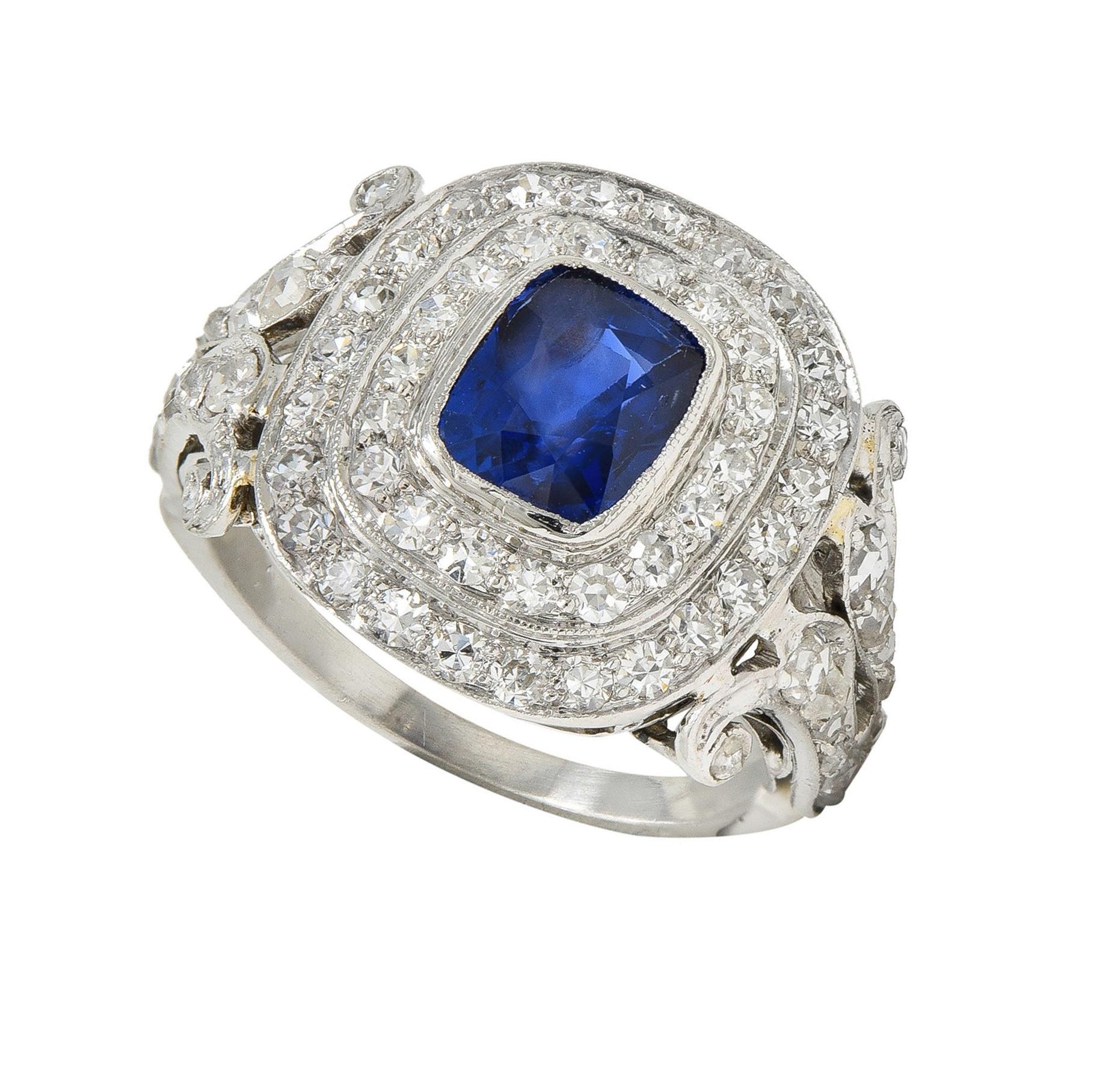 Art Deco 2.45 CTW No Heat Burma Sapphire Diamond Platinum Vintage Halo Ring GIA For Sale 4
