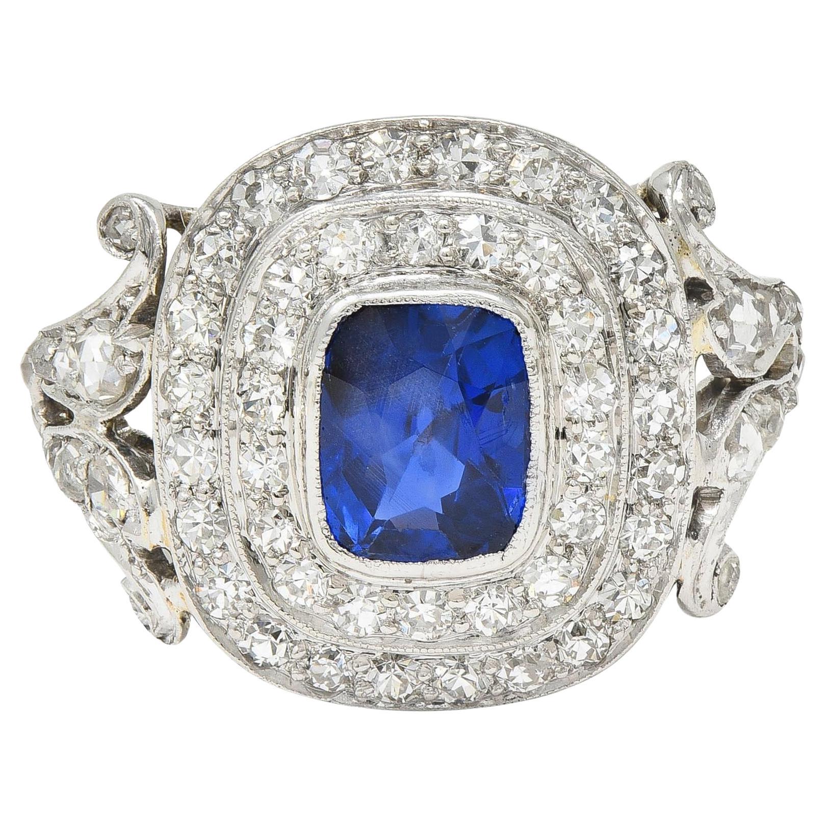 Art Deco 2.45 CTW No Heat Burma Sapphire Diamond Platinum Vintage Halo Ring GIA For Sale