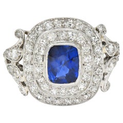 Art Deco 2.45 CTW No Heat Burma Sapphire Diamond Platinum Vintage Halo Ring GIA