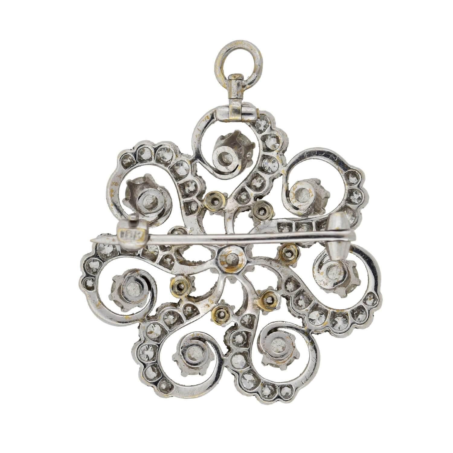 Women's Art Deco 2.45 Total Carat Diamond Swirled Floral Motif Pin/Pendant