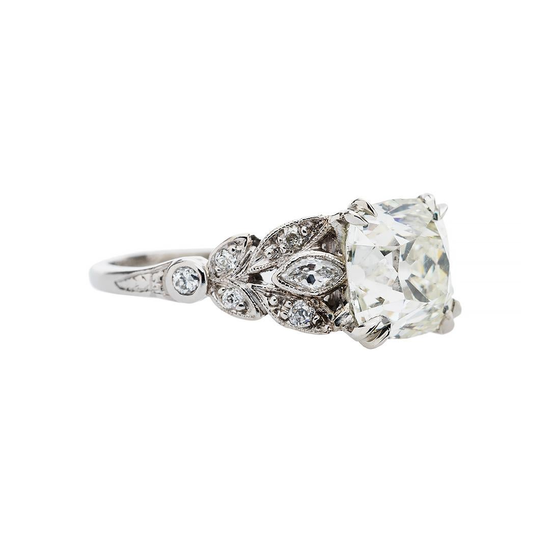Art Deco 2.46 Carat Cushion Cut Diamond Art Deco Platinum Engagement Ring In Excellent Condition In Beverly Hills, CA