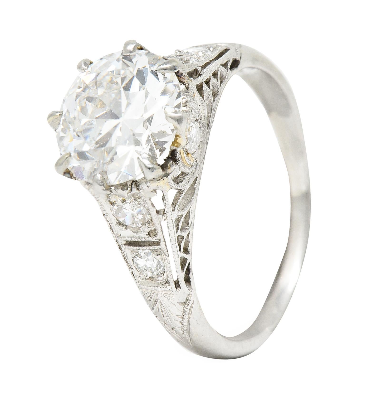 Art Deco 2.46 Carat Old European Cut Diamond Platinum Lotus Engagement Ring For Sale 5
