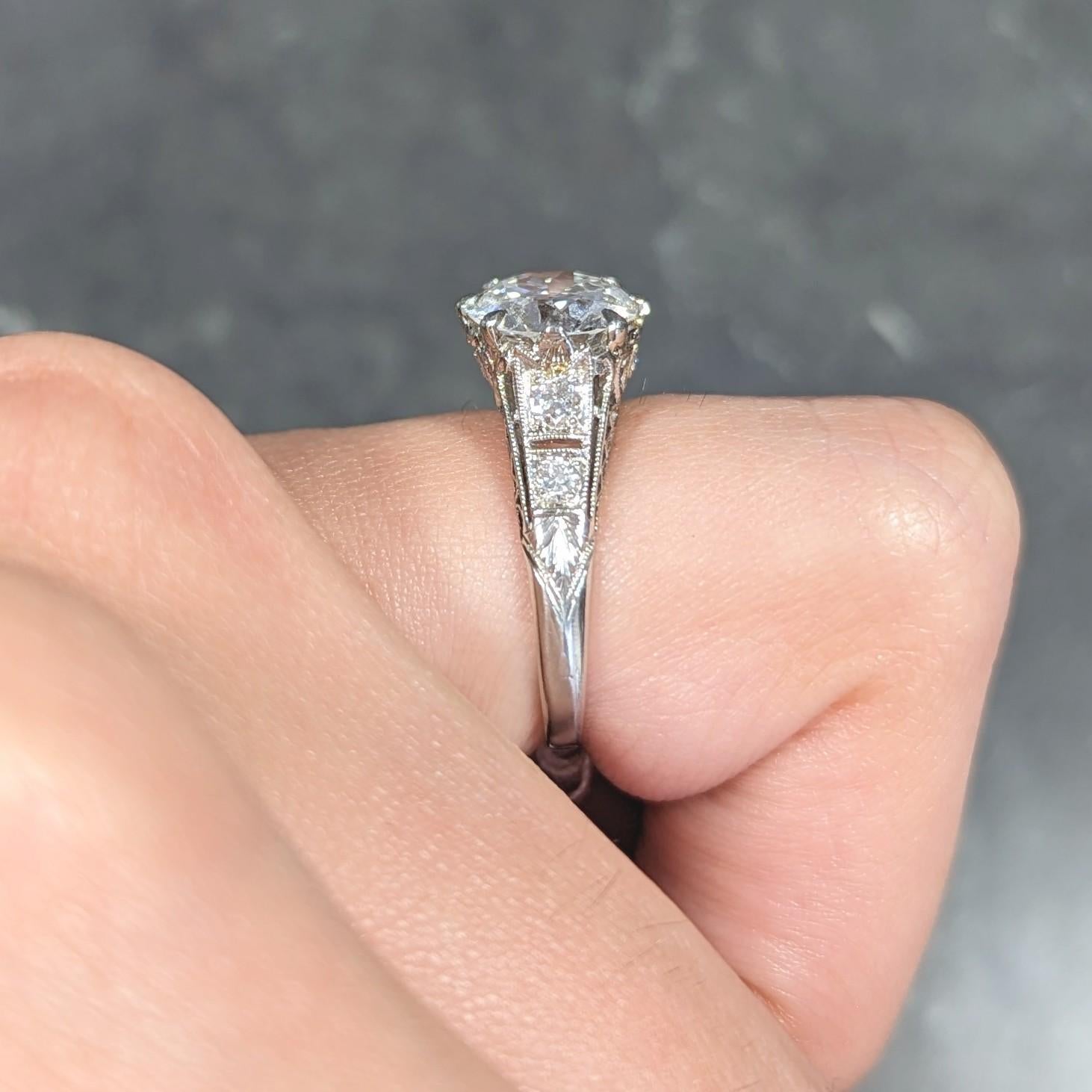 Art Deco 2.46 Carat Old European Cut Diamond Platinum Lotus Engagement Ring For Sale 8
