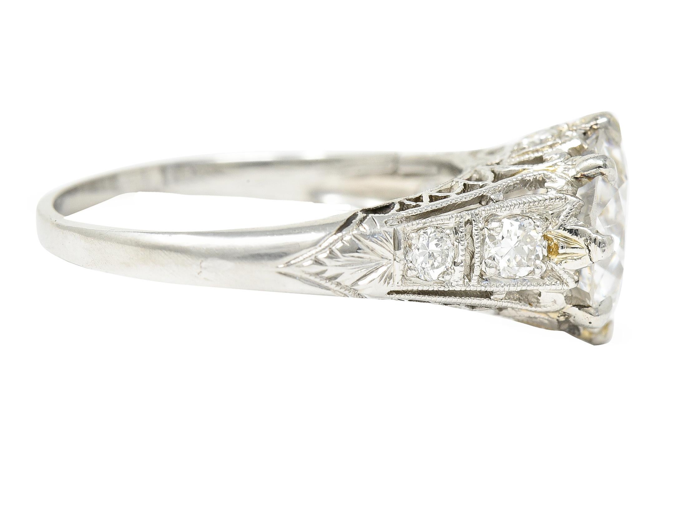 Art Deco 2.46 Carat Old European Cut Diamond Platinum Lotus Engagement Ring In Excellent Condition For Sale In Philadelphia, PA