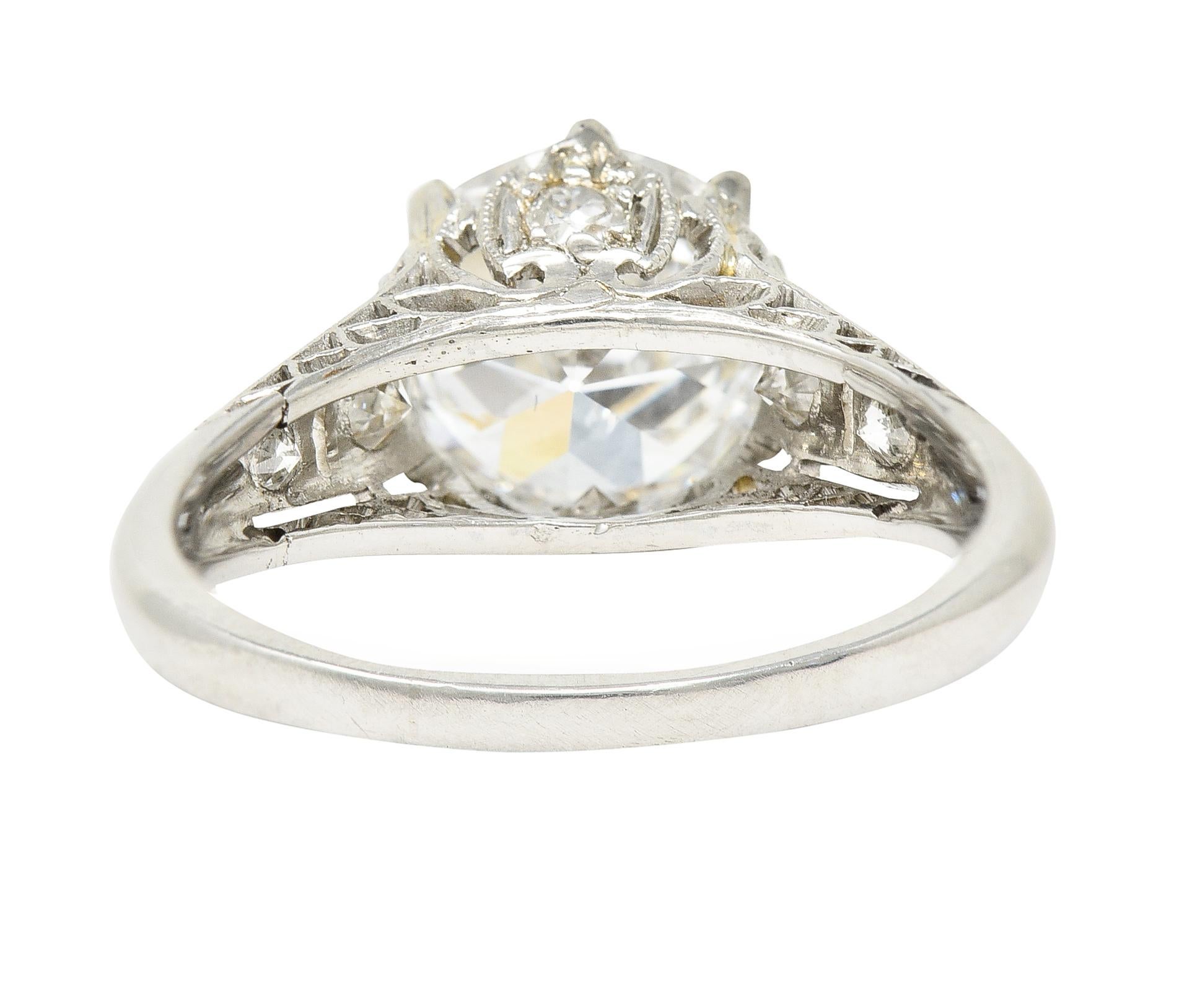 Women's or Men's Art Deco 2.46 Carat Old European Cut Diamond Platinum Lotus Engagement Ring For Sale