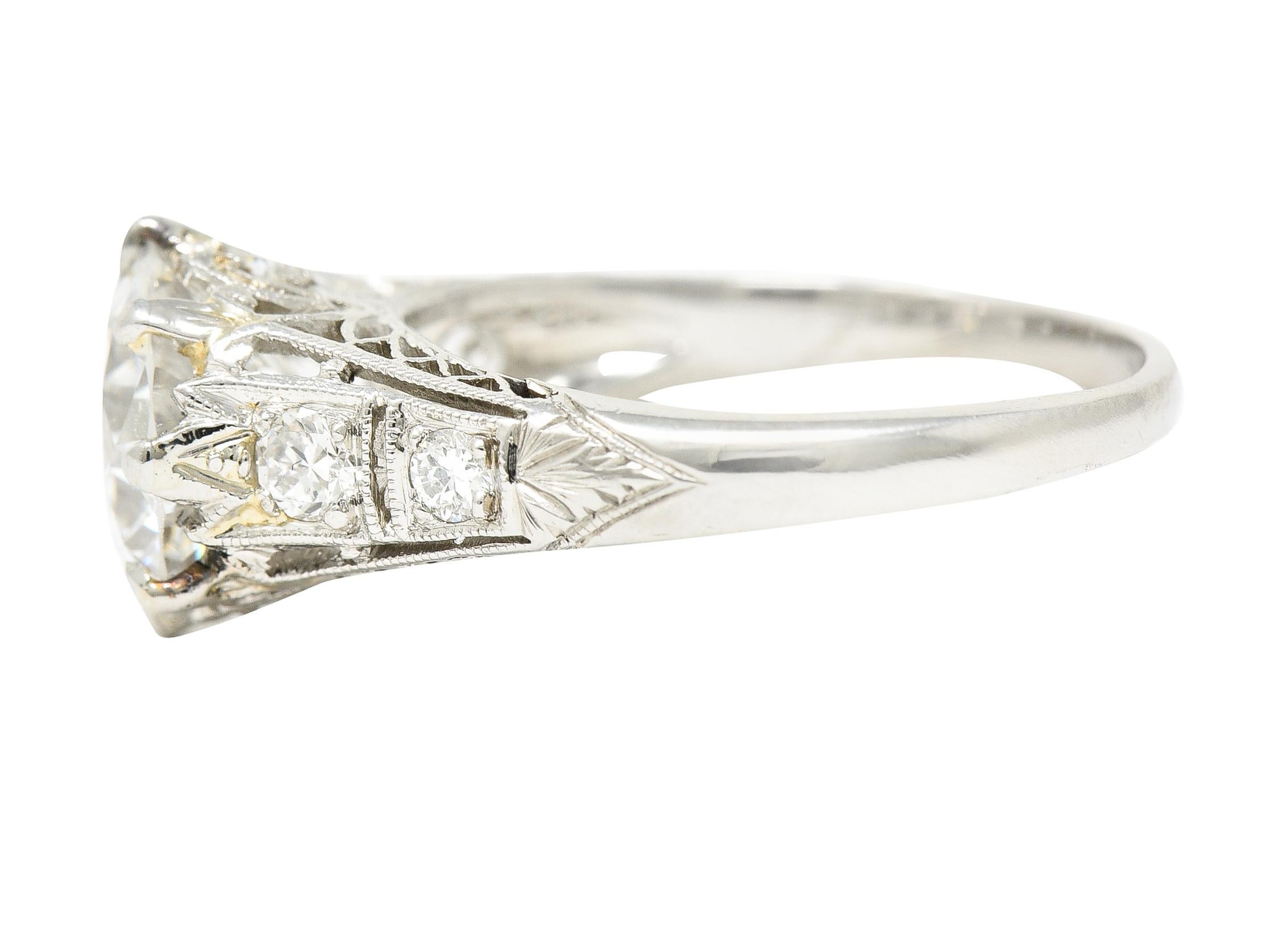Art Deco 2.46 Carat Old European Cut Diamond Platinum Lotus Engagement Ring For Sale 1