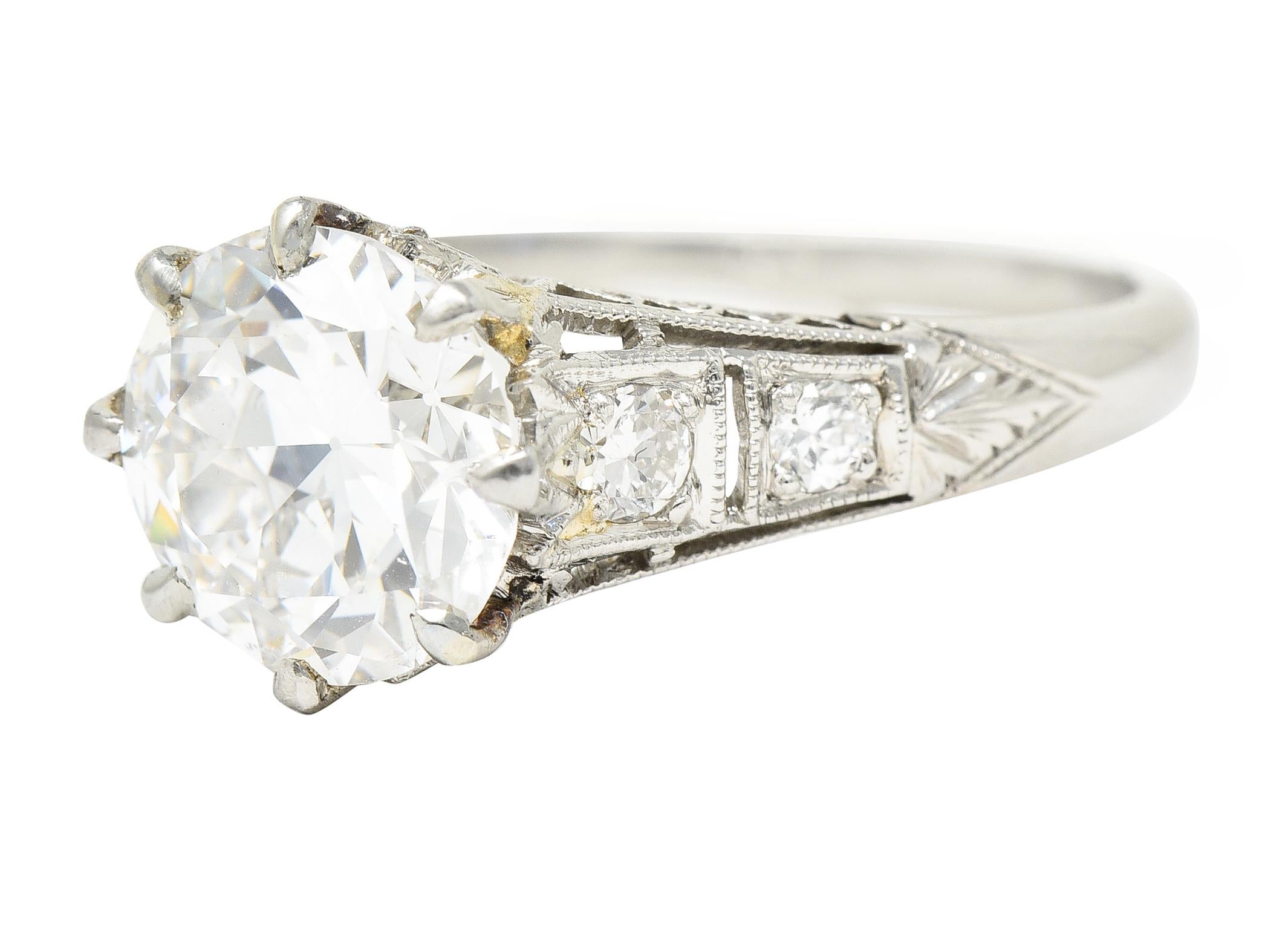 Art Deco 2.46 Carat Old European Cut Diamond Platinum Lotus Engagement Ring For Sale 2