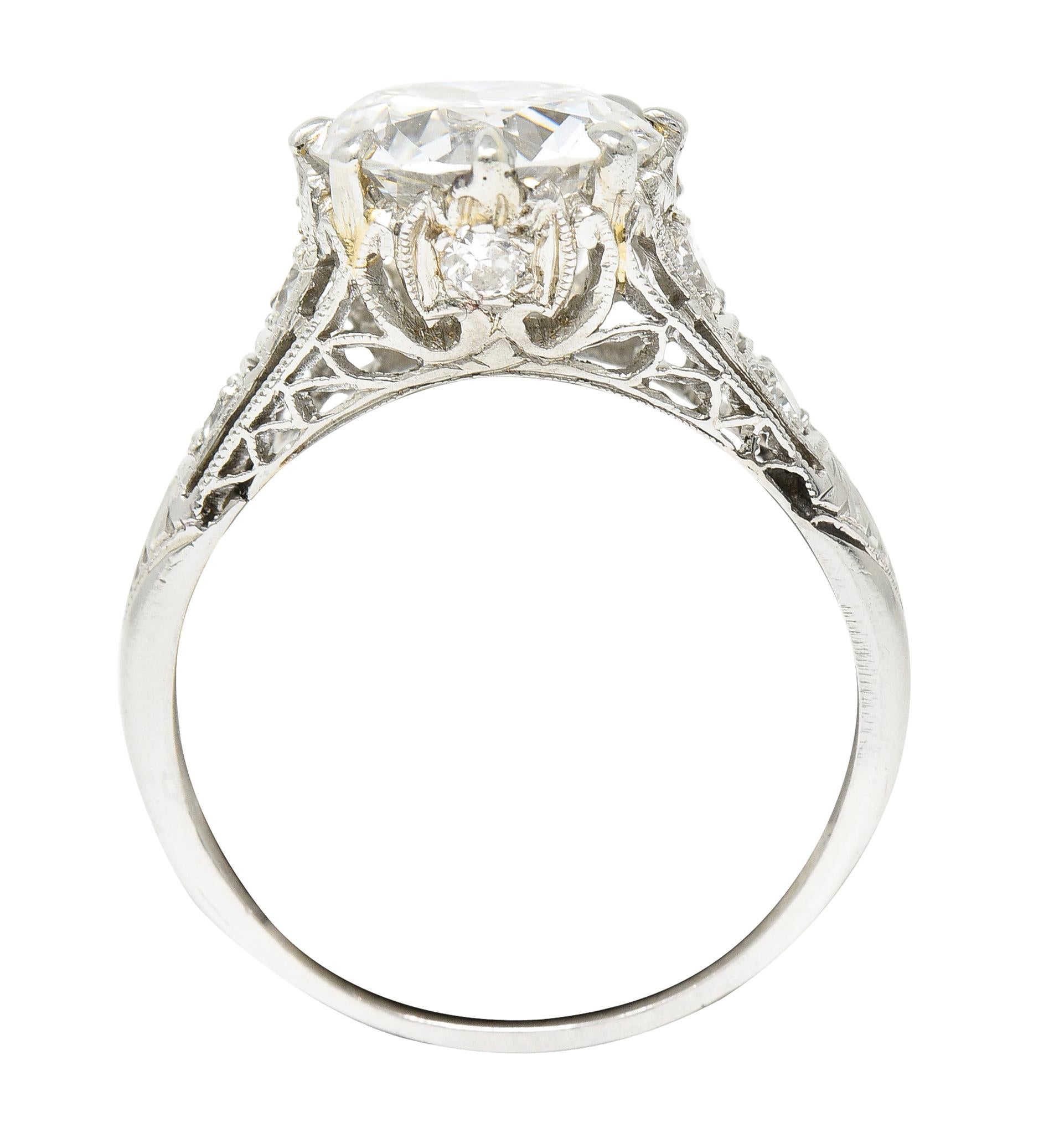 Art Deco 2.46 Carat Old European Cut Diamond Platinum Lotus Engagement Ring For Sale 3
