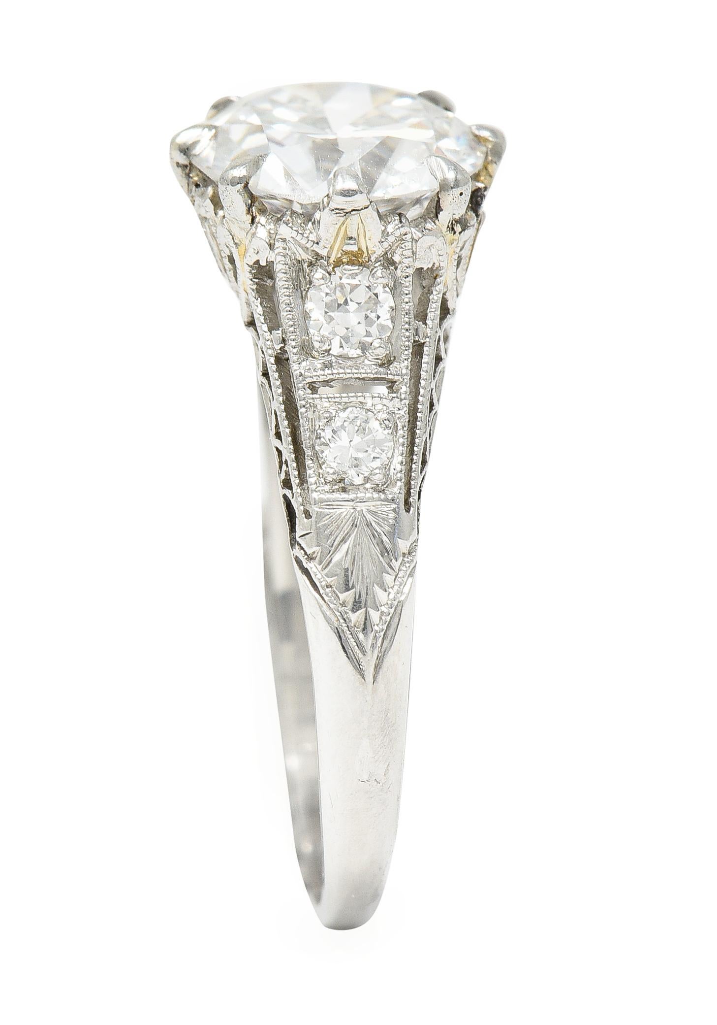 Art Deco 2.46 Carat Old European Cut Diamond Platinum Lotus Engagement Ring For Sale 4