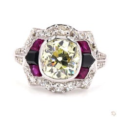 Art Deco 2.47 Carat Old European Cut Diamond Onyx Ruby Gold Ring