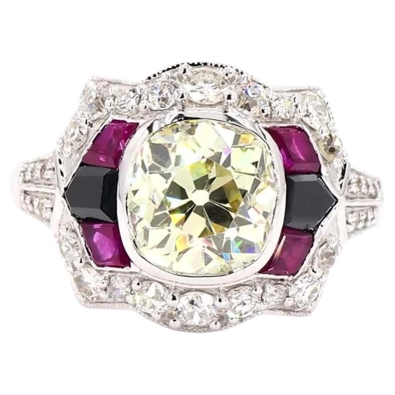 Art Deco 2.47 Carat Old European Cut Diamond Onyx Ruby Gold Ring