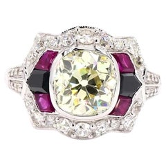 Art Deco 2.47 Carat Old European Cut Diamond Onyx Ruby Gold Ring