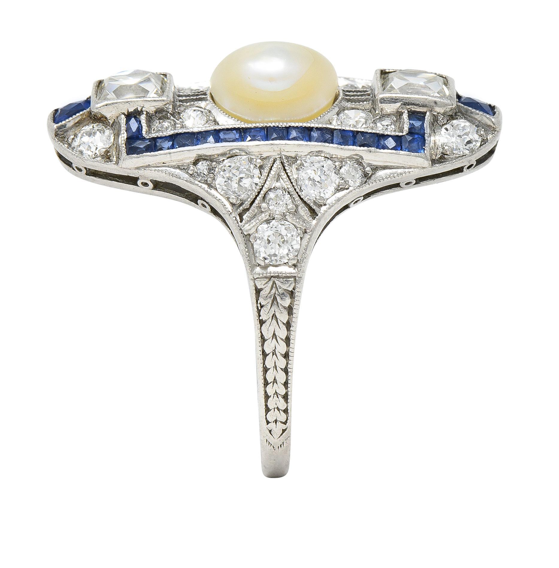 Art Deco 2.48 CTW Natural Pearl Diamond Sapphire Platinum Antique Dinner Ring For Sale 6