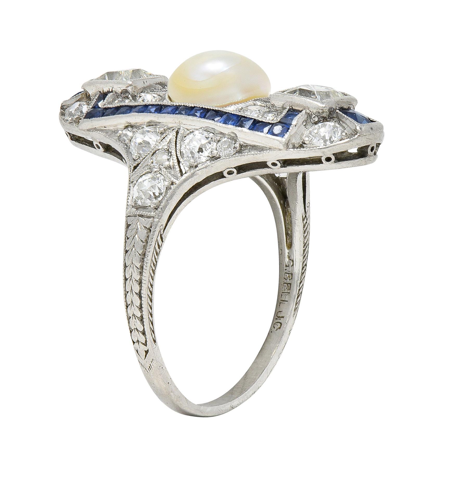Art Deco 2.48 CTW Natural Pearl Diamond Sapphire Platinum Antique Dinner Ring For Sale 7