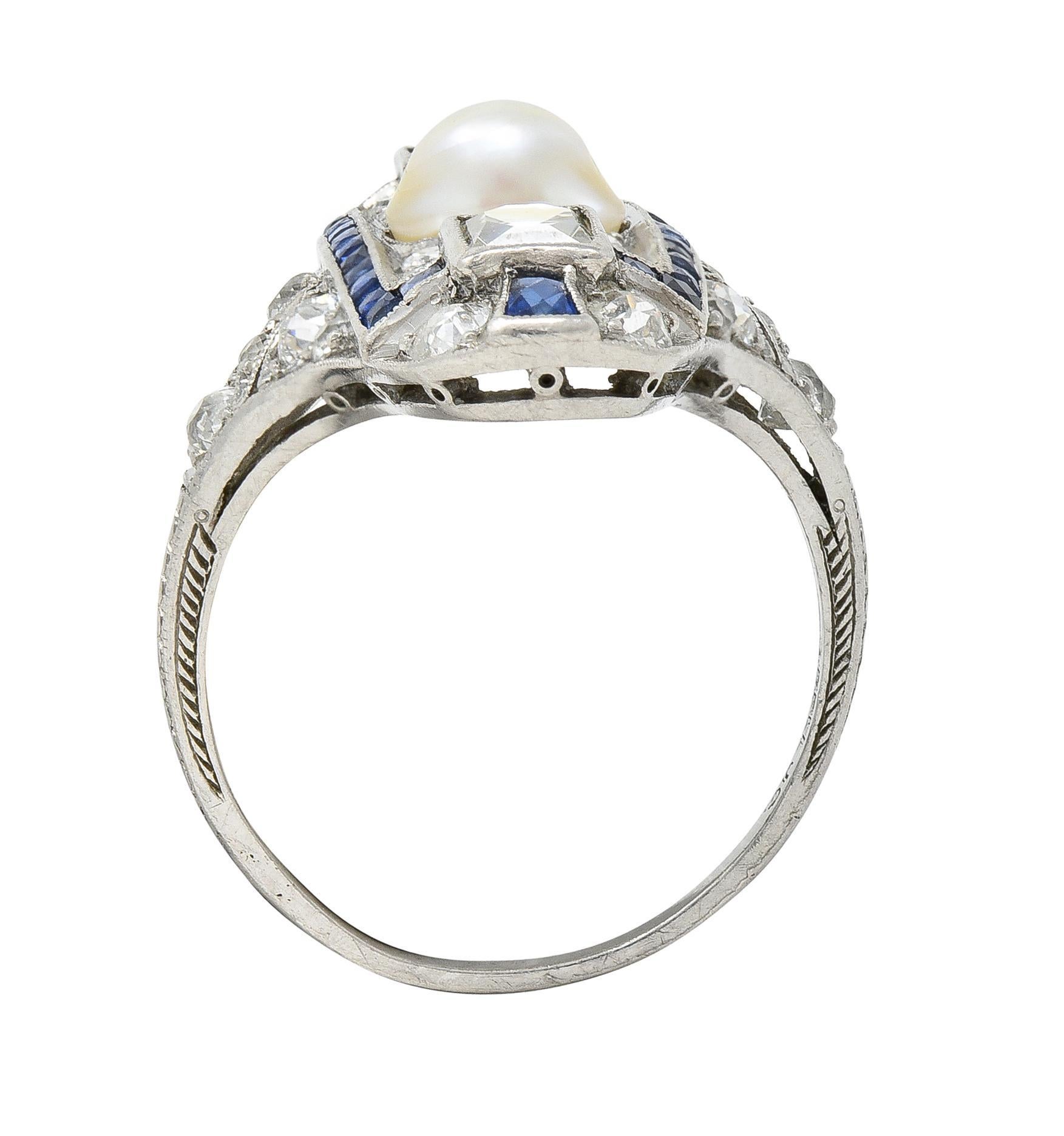 Art Deco 2.48 CTW Natural Pearl Diamond Sapphire Platinum Antique Dinner Ring For Sale 8