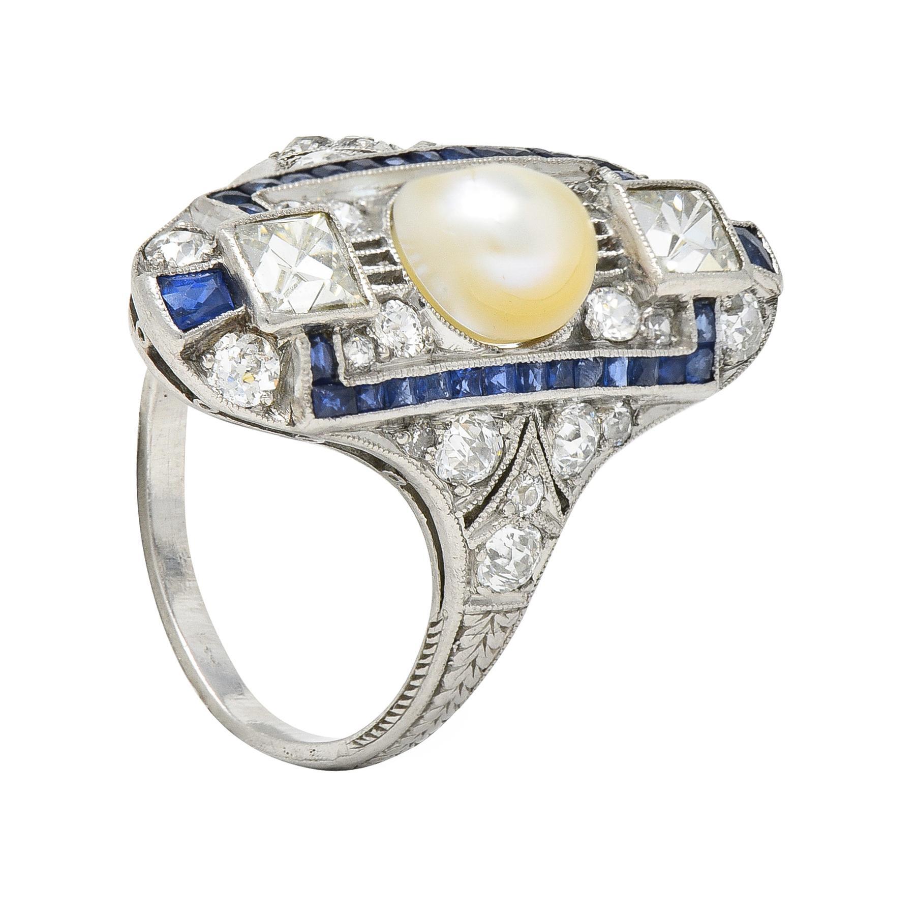 Art Deco 2.48 CTW Natural Pearl Diamond Sapphire Platinum Antique Dinner Ring For Sale 9