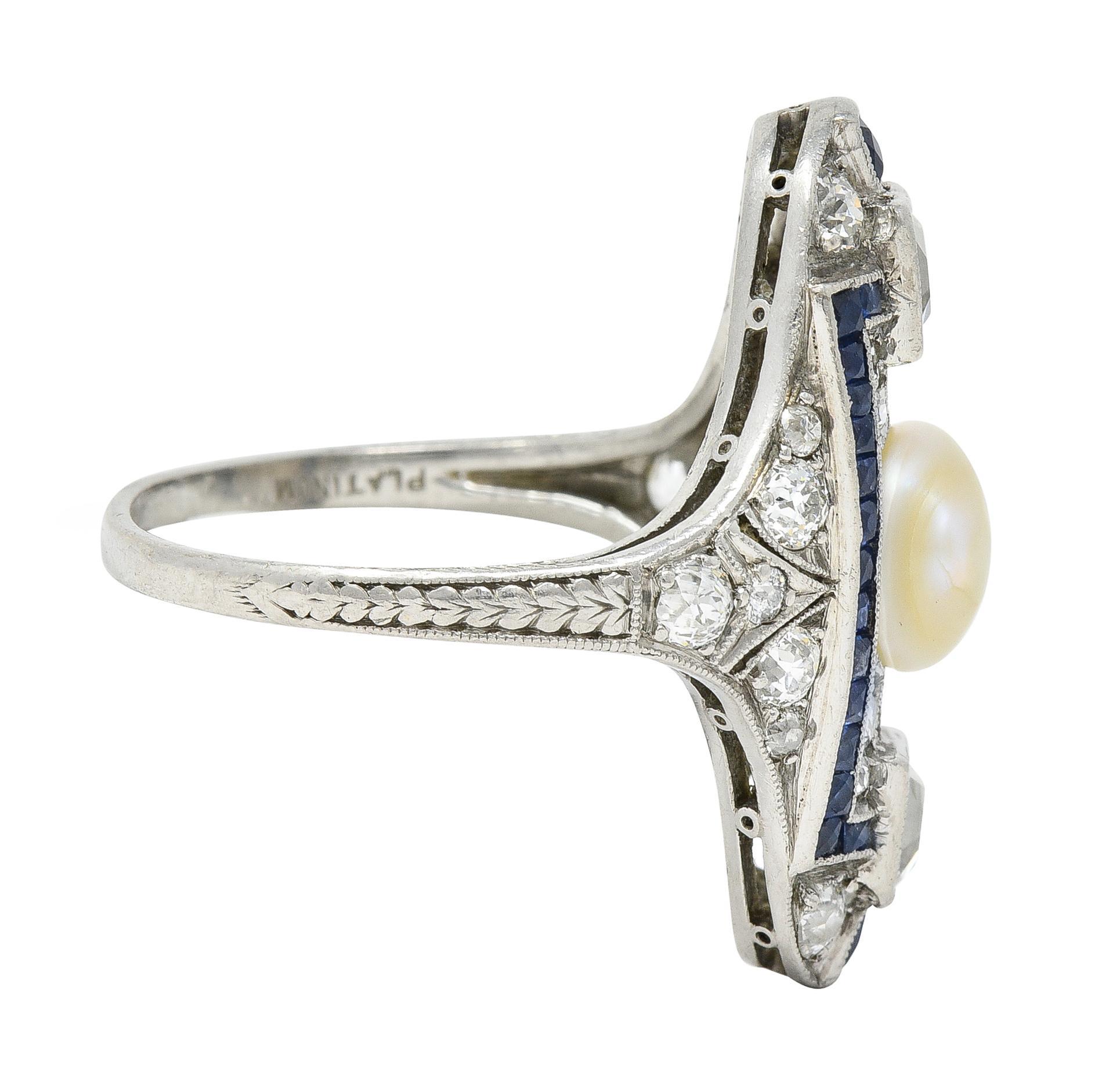 Art Deco 2.48 CTW Natural Pearl Diamond Sapphire Platinum Antique Dinner Ring In Excellent Condition For Sale In Philadelphia, PA