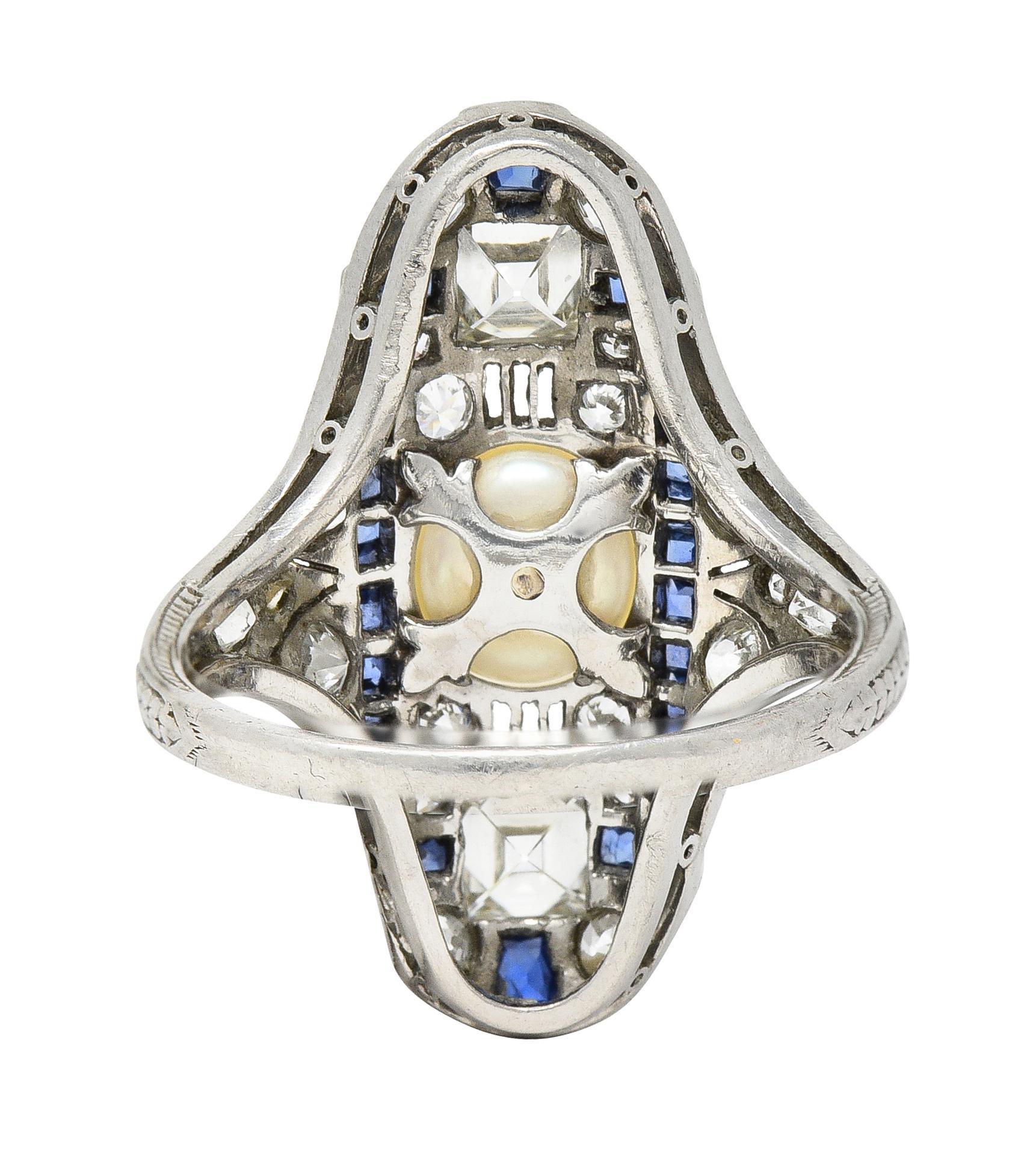 Women's or Men's Art Deco 2.48 CTW Natural Pearl Diamond Sapphire Platinum Antique Dinner Ring For Sale
