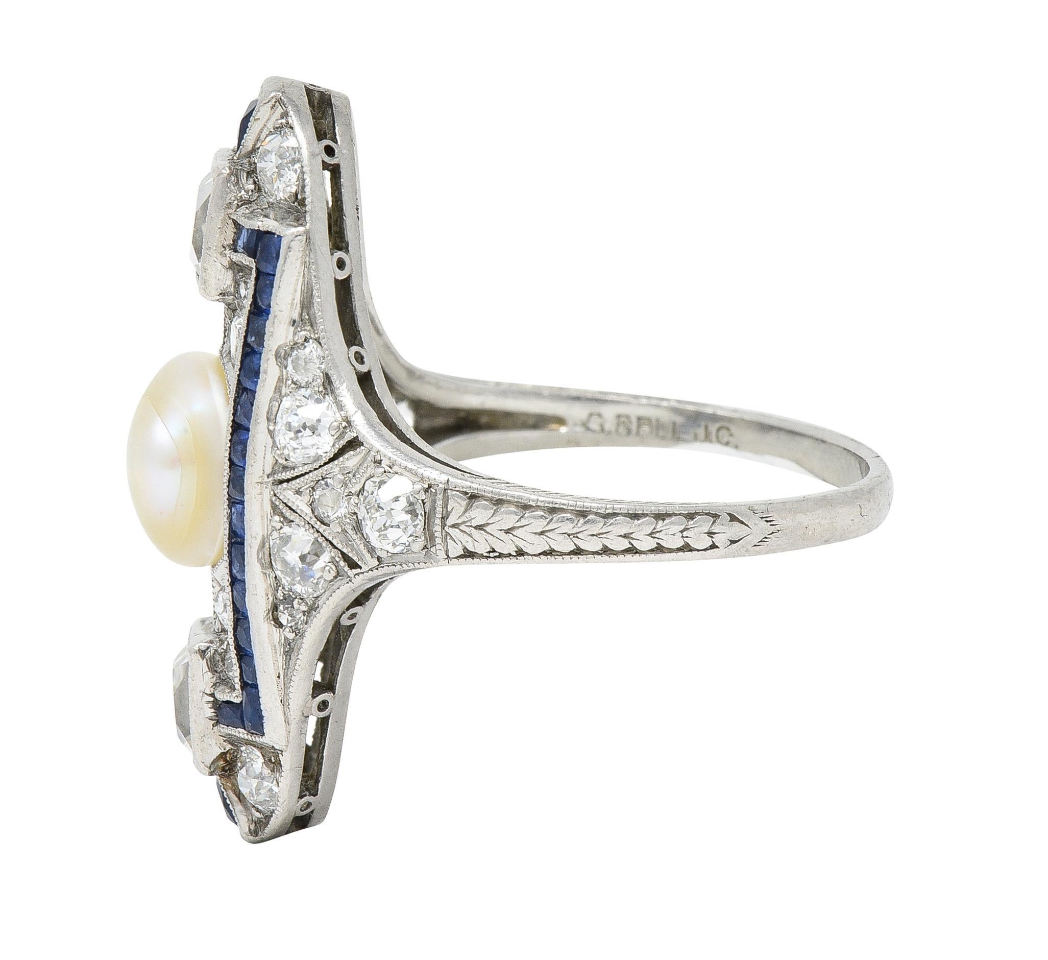 Art Deco 2.48 CTW Natural Pearl Diamond Sapphire Platinum Antique Dinner Ring For Sale 1