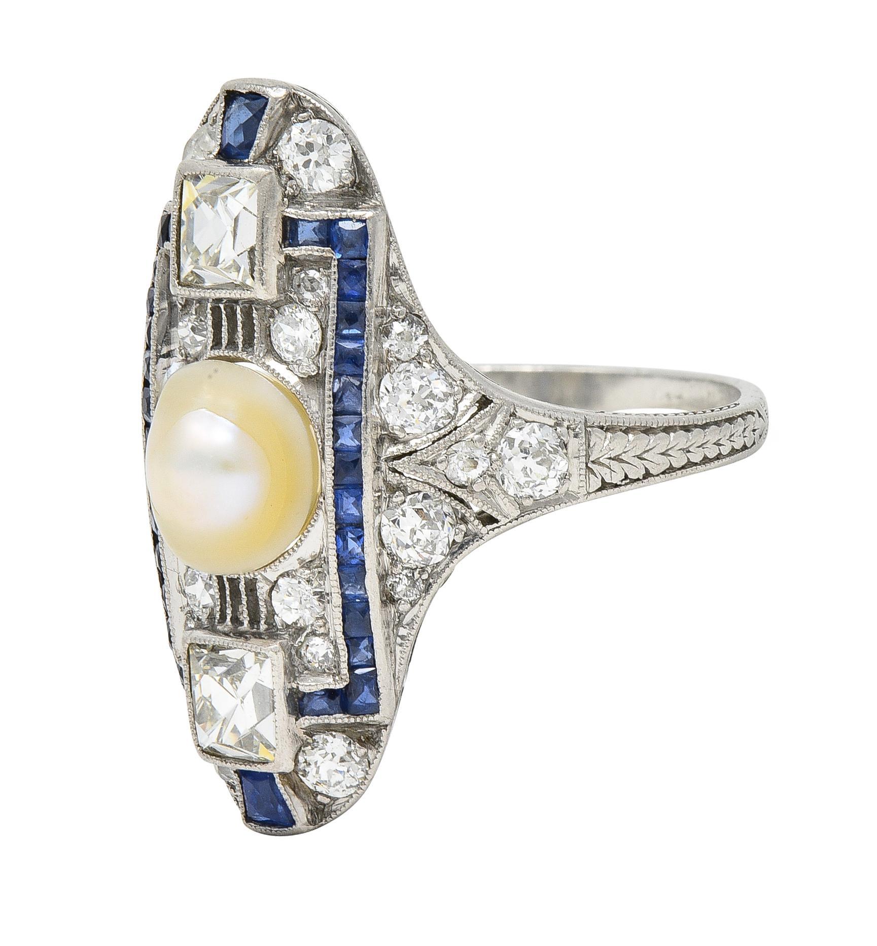 Art Deco 2.48 CTW Natural Pearl Diamond Sapphire Platinum Antique Dinner Ring For Sale 2