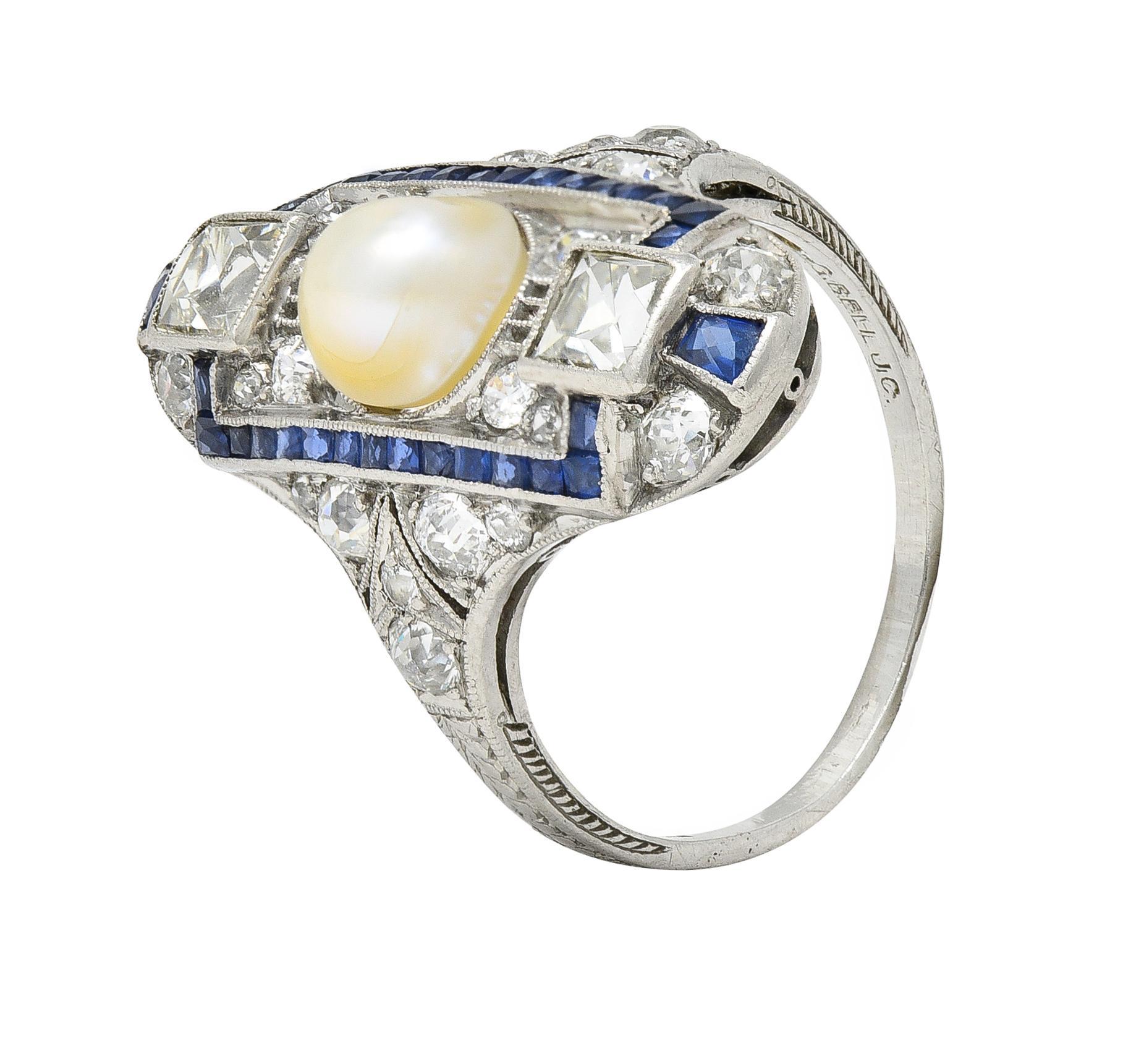 Art Deco 2.48 CTW Natural Pearl Diamond Sapphire Platinum Antique Dinner Ring For Sale 5