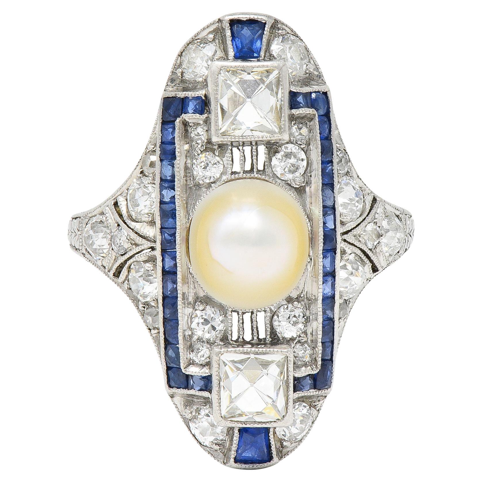 Art Deco 2.48 CTW Natural Pearl Diamond Sapphire Platinum Antique Dinner Ring For Sale