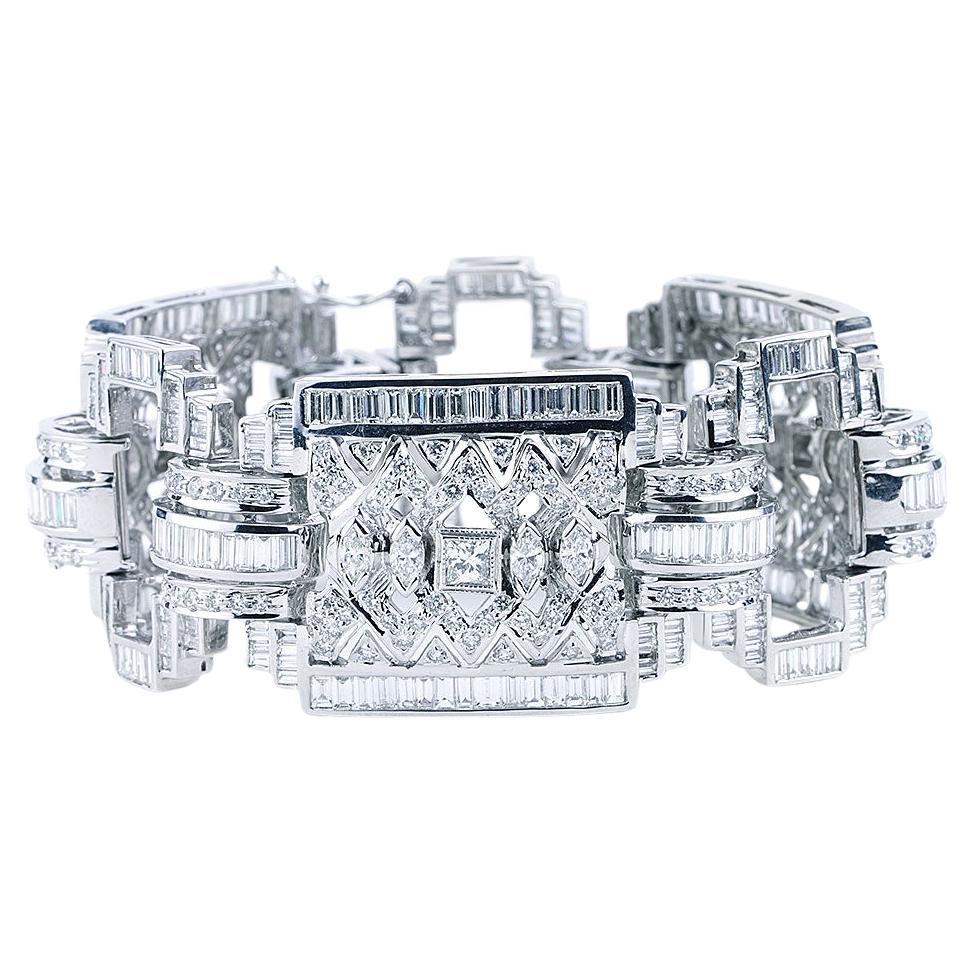 Art Deco 24.85 Carat Wide Diamond Bracelet in 18K White Gold For Sale