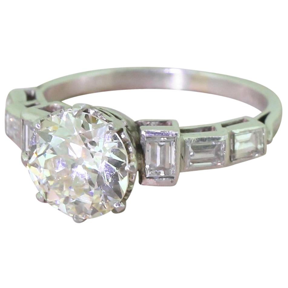 Art Deco 2.49 Carat Old Cut and Baguette Cut Diamond Platinum Engagement Ring For Sale