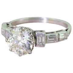 Art Deco 2.49 Carat Old Cut and Baguette Cut Diamond Platinum Engagement Ring
