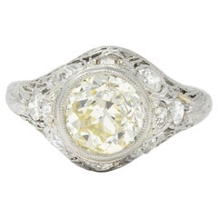 Art Deco 2.49 Carats Old European Cut Diamond Platinum Geometric Engagement Ring