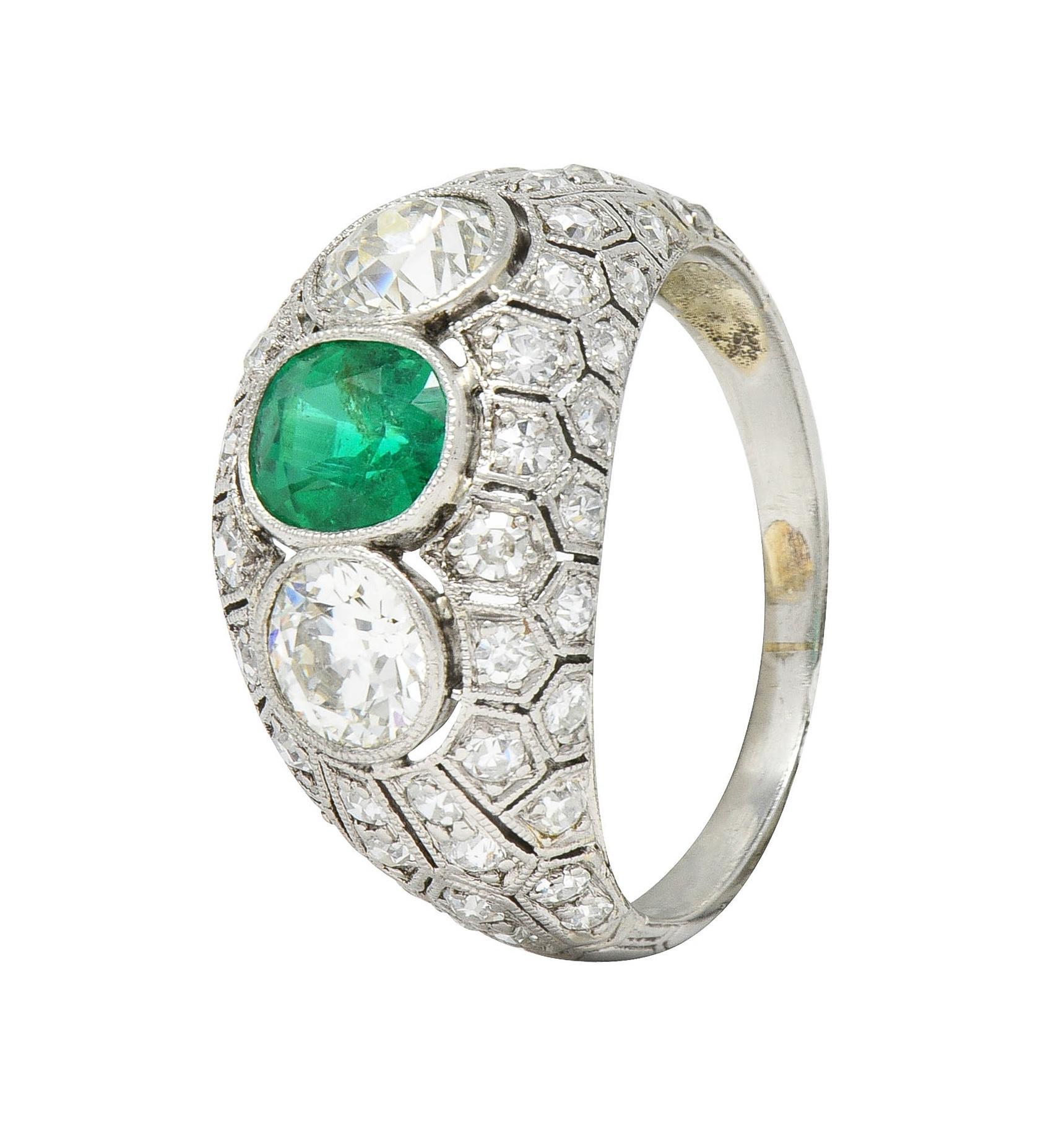 Art Deco 2.49 CTW Emerald Diamond Platinum Three Stone Antique Bombé Ring For Sale 5