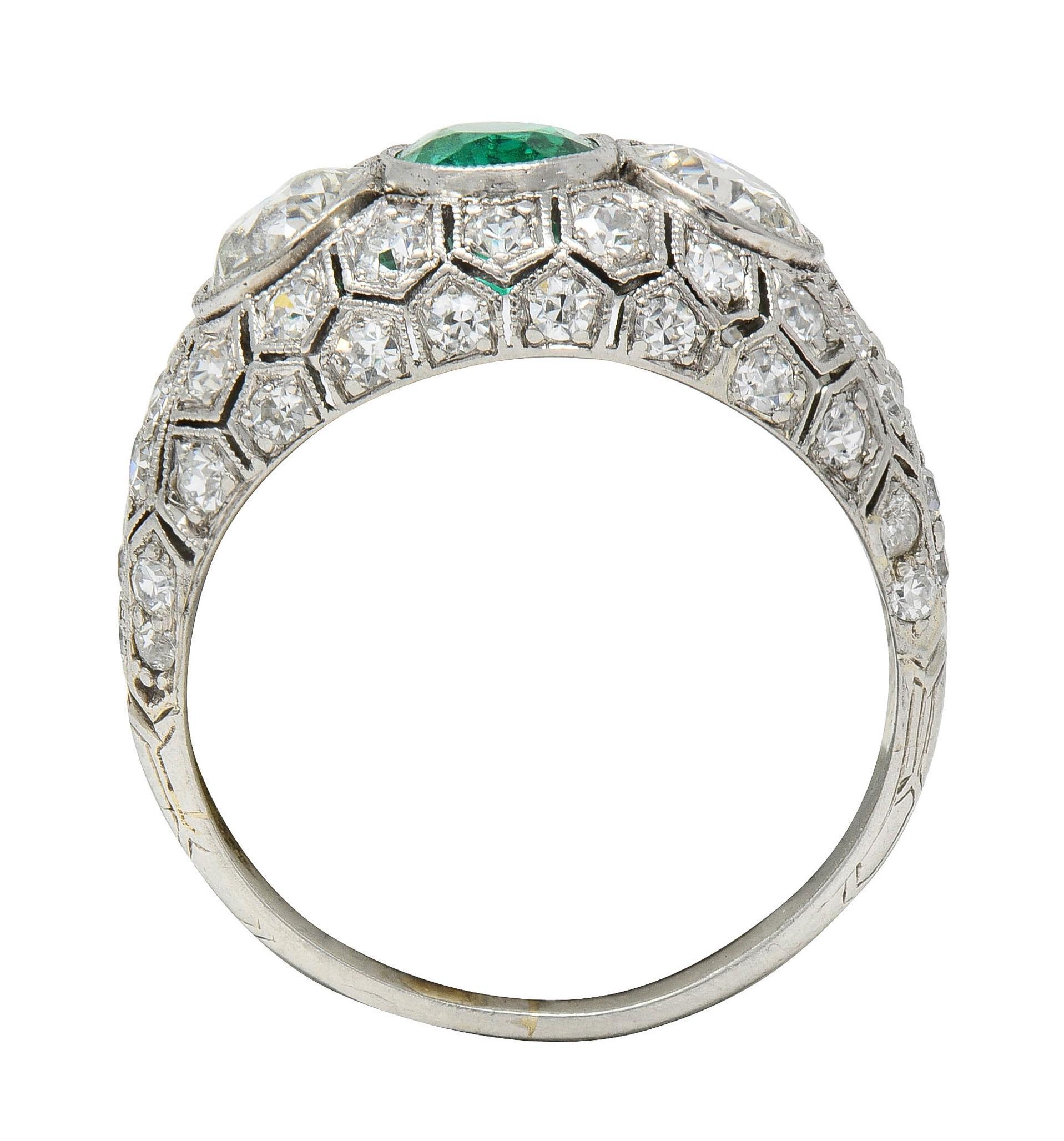 Art Deco 2.49 CTW Emerald Diamond Platinum Three Stone Antique Bombé Ring For Sale 6