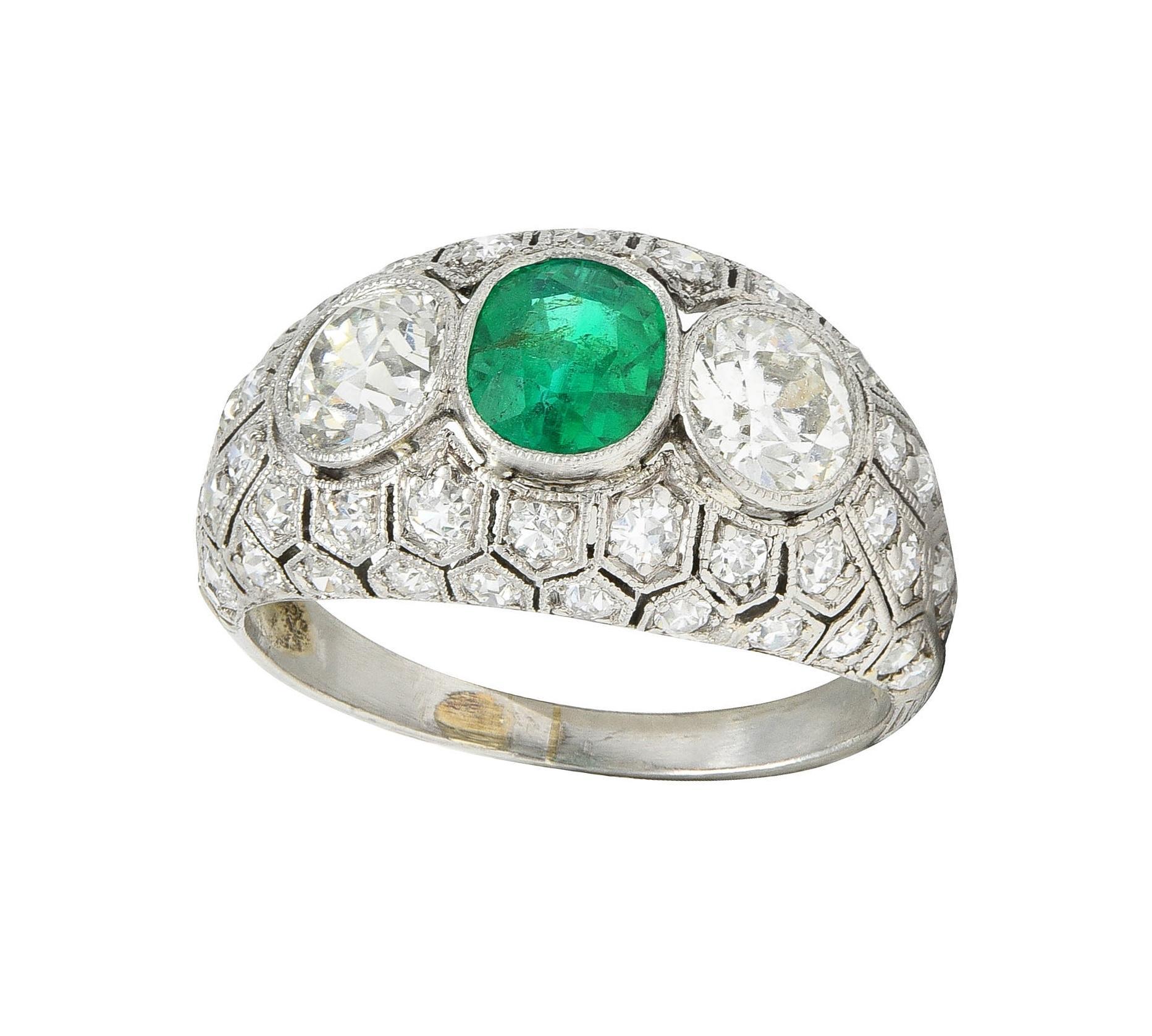 Art Deco 2.49 CTW Emerald Diamond Platinum Three Stone Antique Bombé Ring For Sale 7