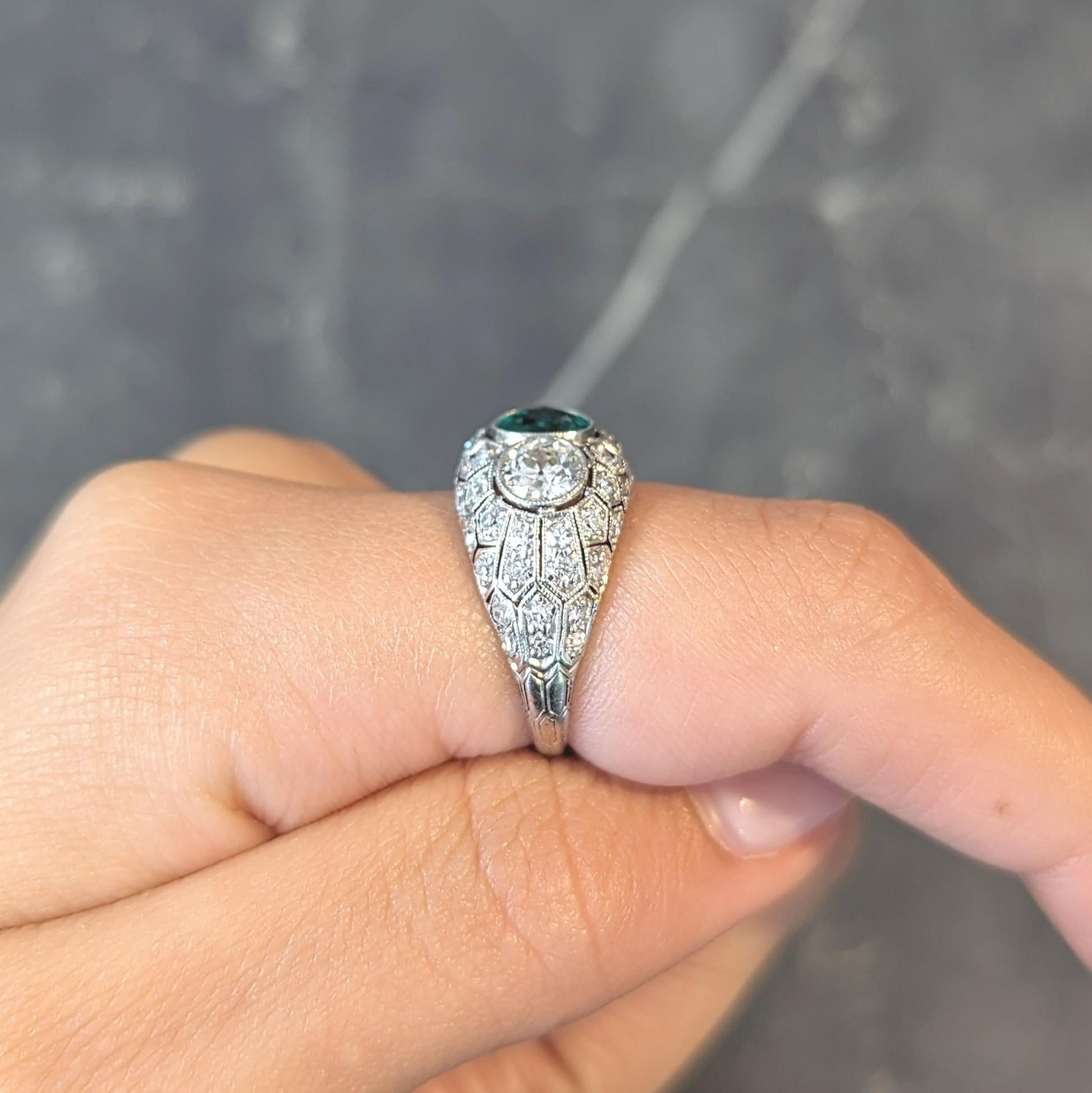 Art Deco 2.49 CTW Emerald Diamond Platinum Three Stone Antique Bombé Ring For Sale 8