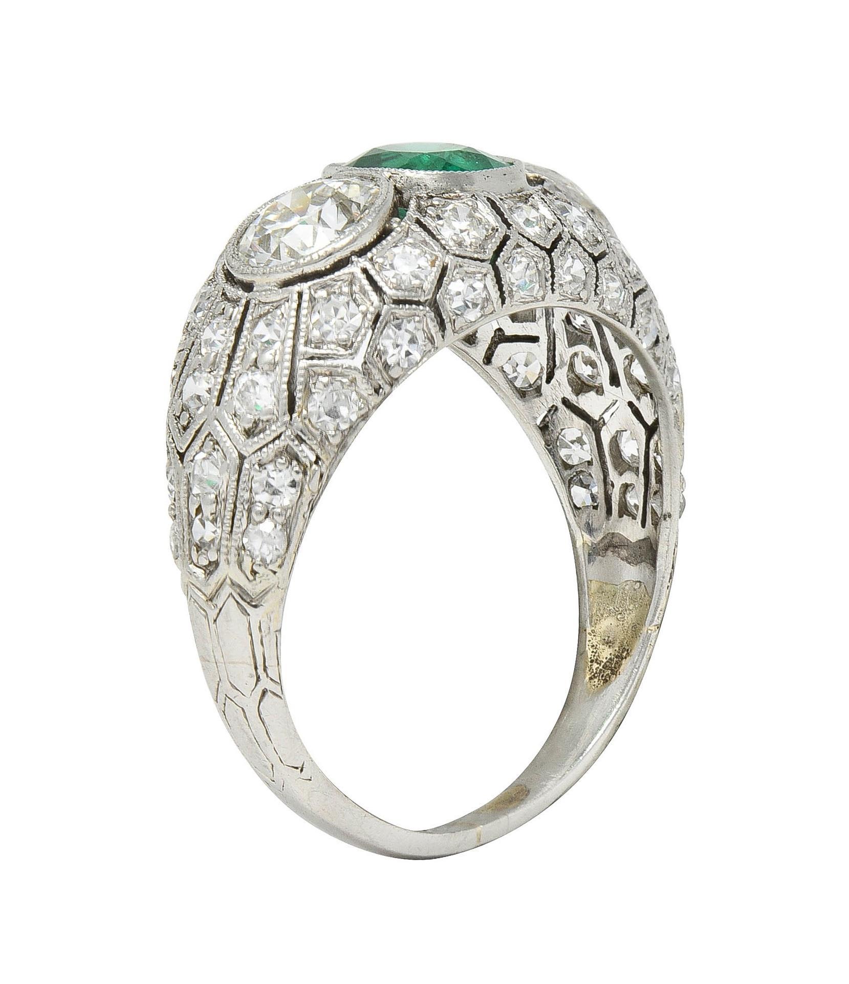 Art Deco 2.49 CTW Emerald Diamond Platinum Three Stone Antique Bombé Ring In Excellent Condition For Sale In Philadelphia, PA