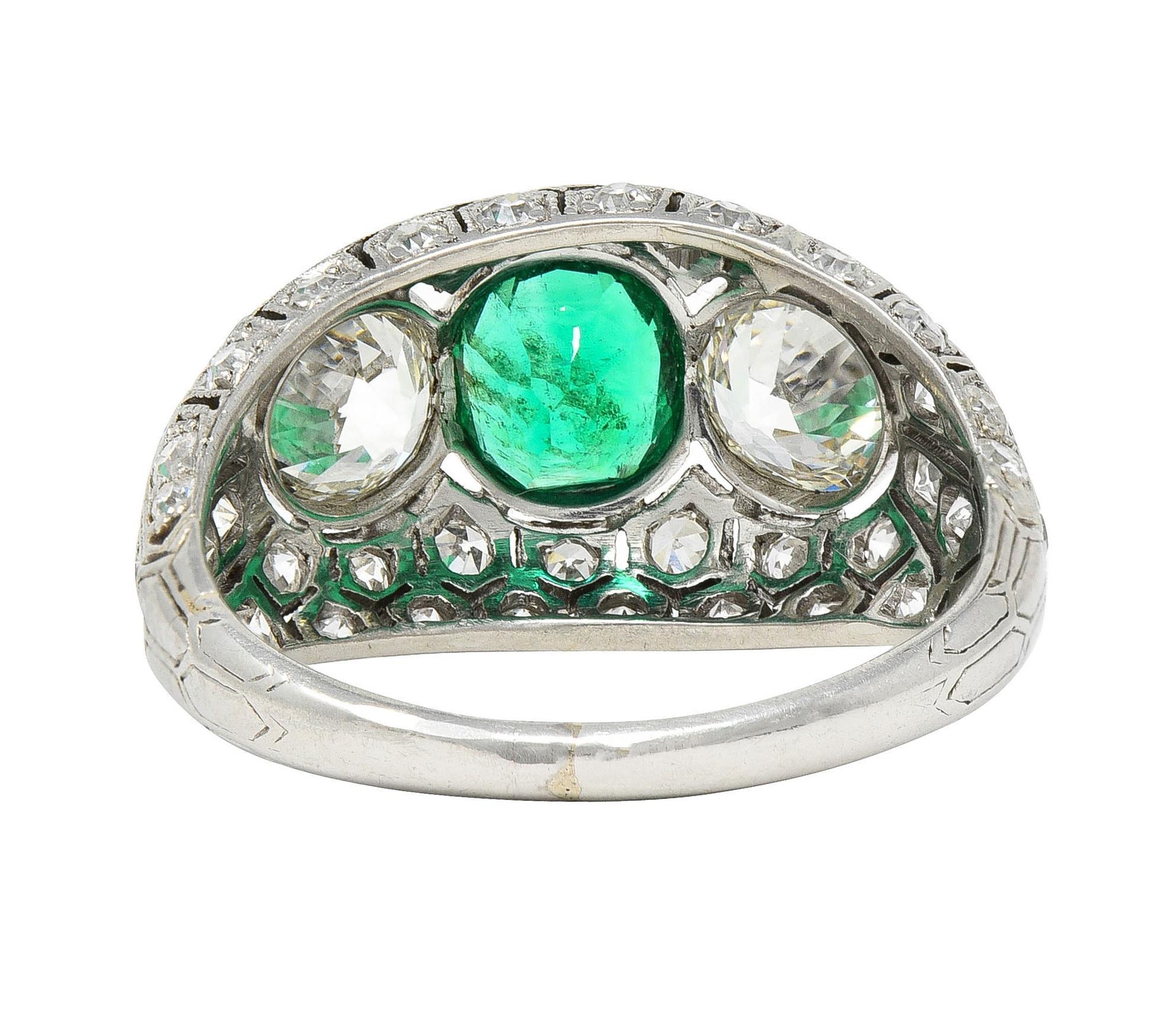 Art Deco 2.49 CTW Emerald Diamond Platinum Three Stone Antique Bombé Ring For Sale 1